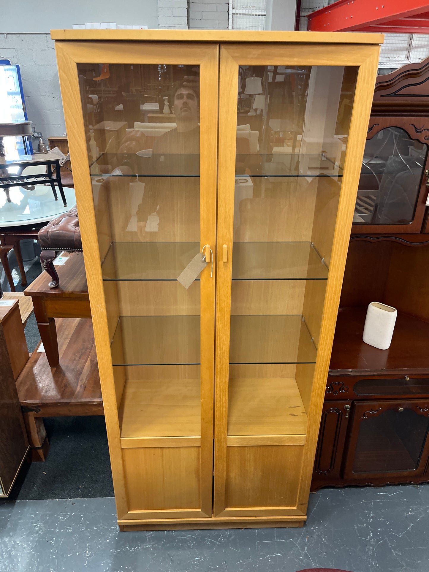 Tall Beech display case with glass shelves (H 201 x W 85 x D 44 cm)  44321