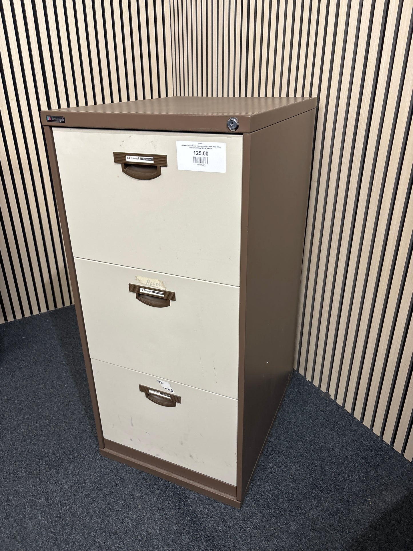 3 drawer  secondhand Triumph coffee cream meal filing cabinet with key 101H47Wx62H