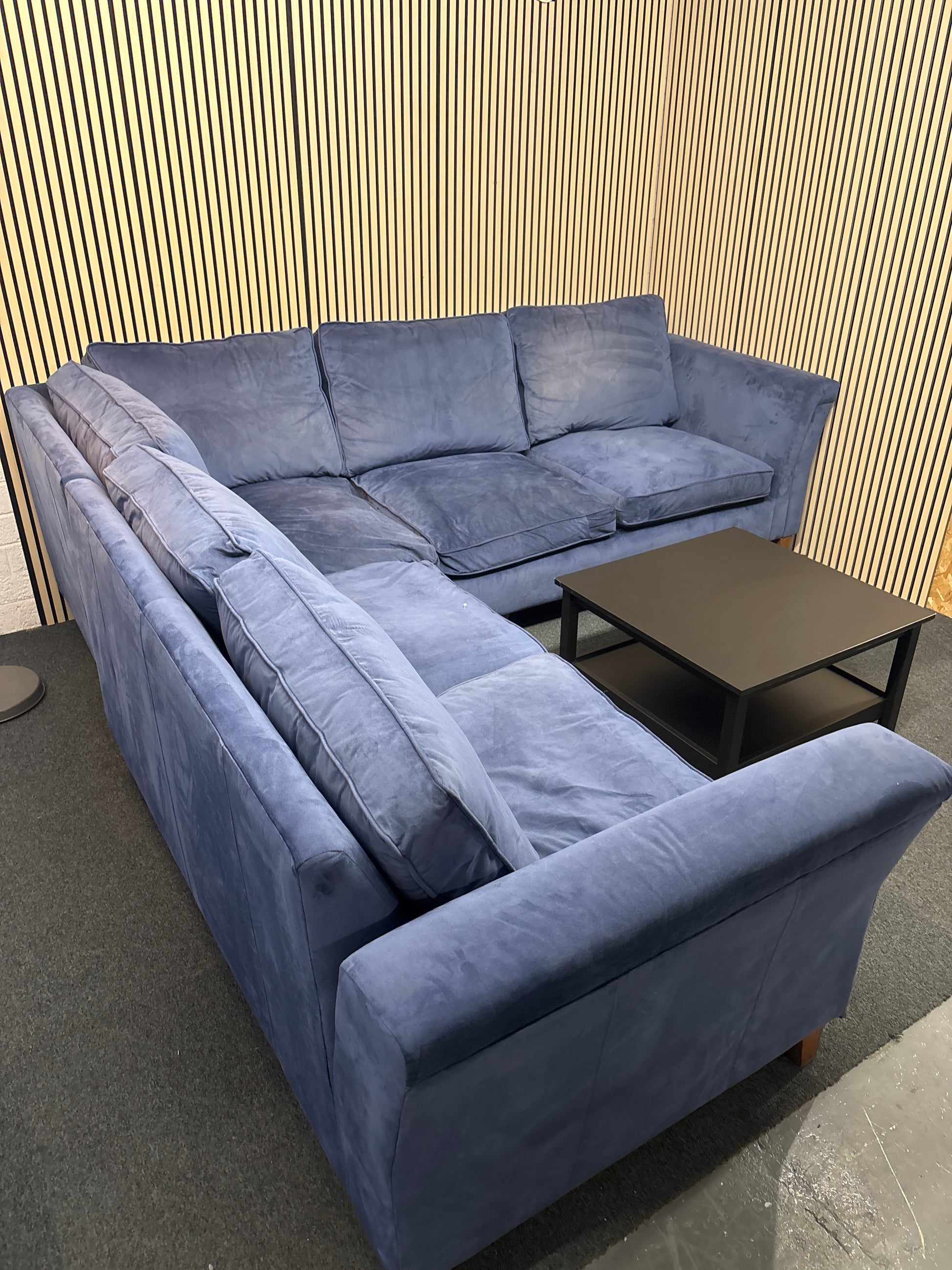 Large sectional dark blue velour fabric corner suite 3325