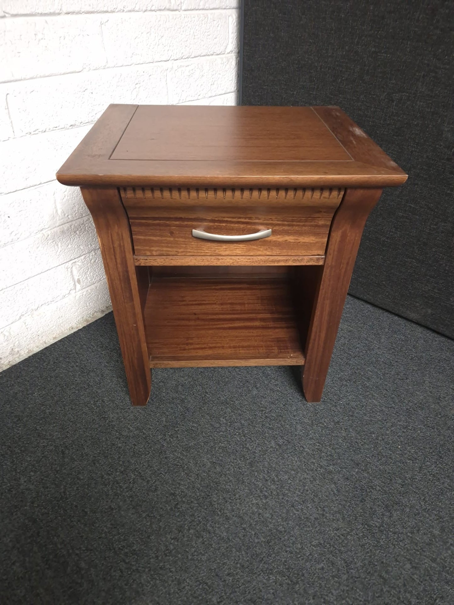 Solid dark wood stained 1 drawer 1 shelf bedside locker 1225