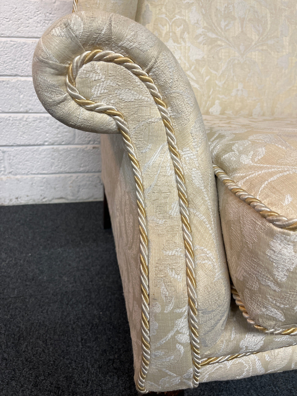 Cream mix fabric Queen Anne armchair solid wood frame, brass castors. 2225