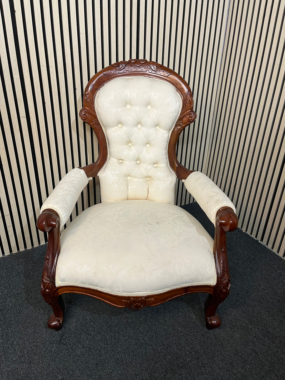 Ornate high back Cream fabric carved wingback armchair 43788