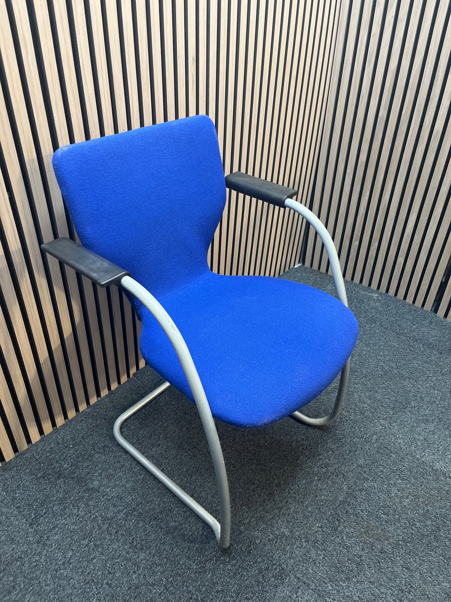 Orangebox Dark blue high back cantilever meeting chair with arms, grey powder coat metal frame. Qty of 3 no. matching. Price inc VAT