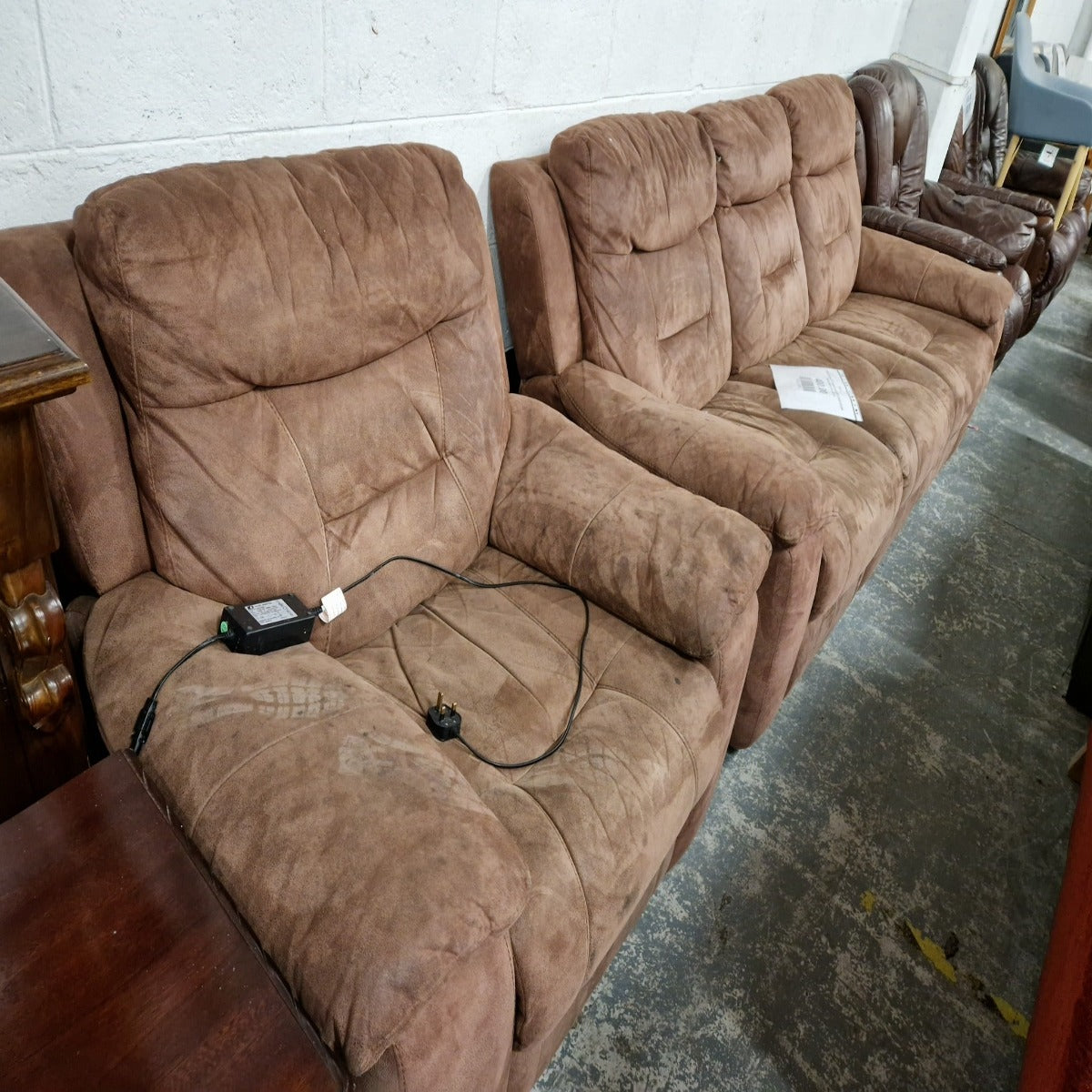 3 seater Manual + 1 seater Electric RECLINER BROWN suede fabric suite