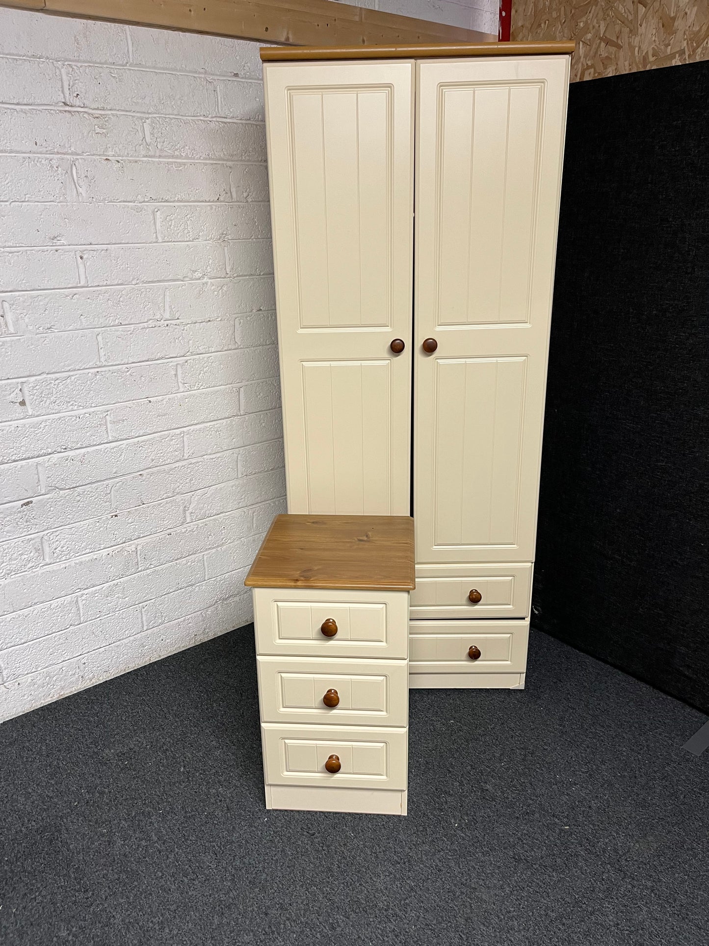 Tall cream and oak laminate 2 door 2 drawer wardrobe (H 1850 x W 740 x D 530 mm) 1225