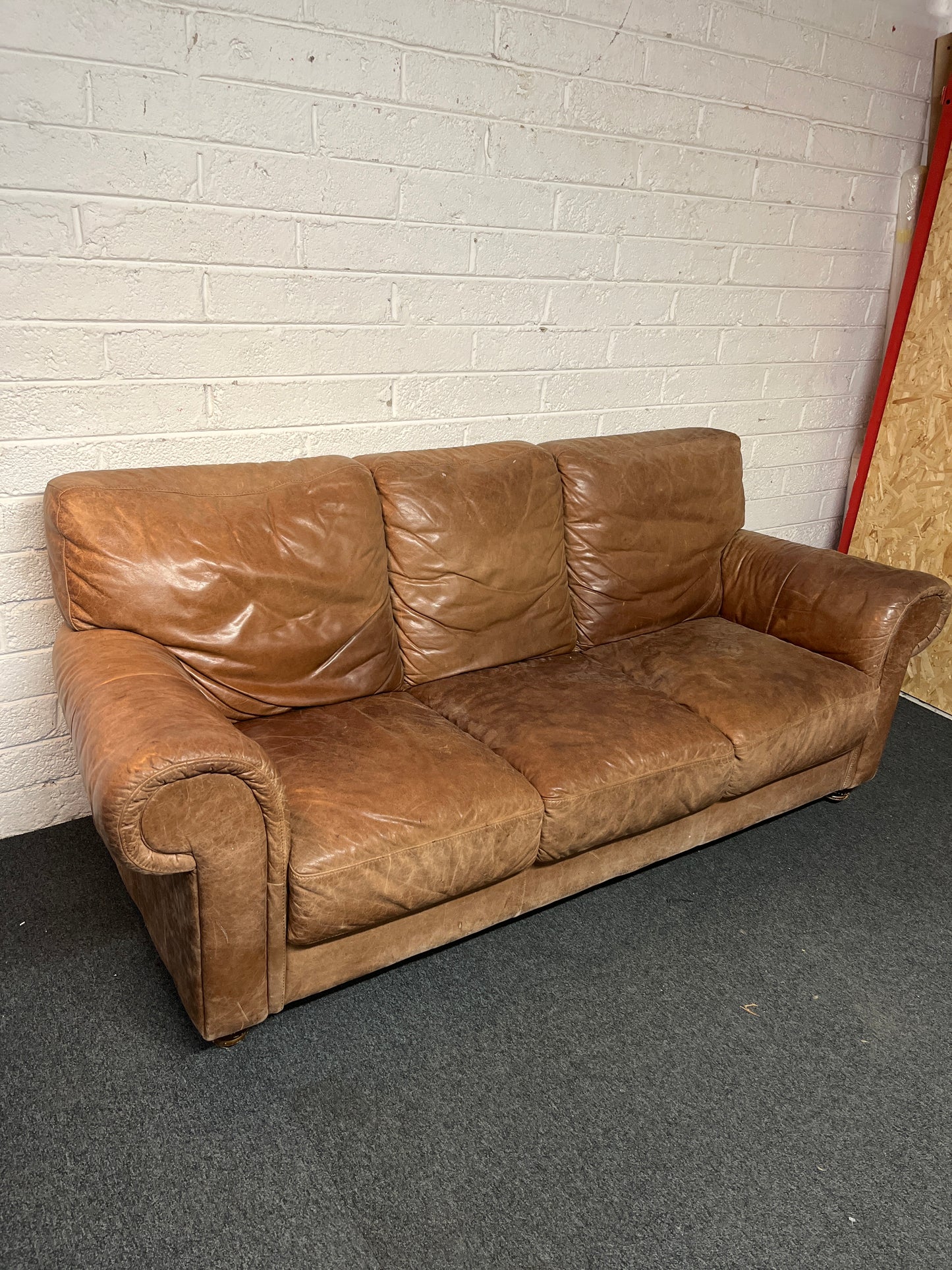 3 seater real tan leather high back sofa  2225