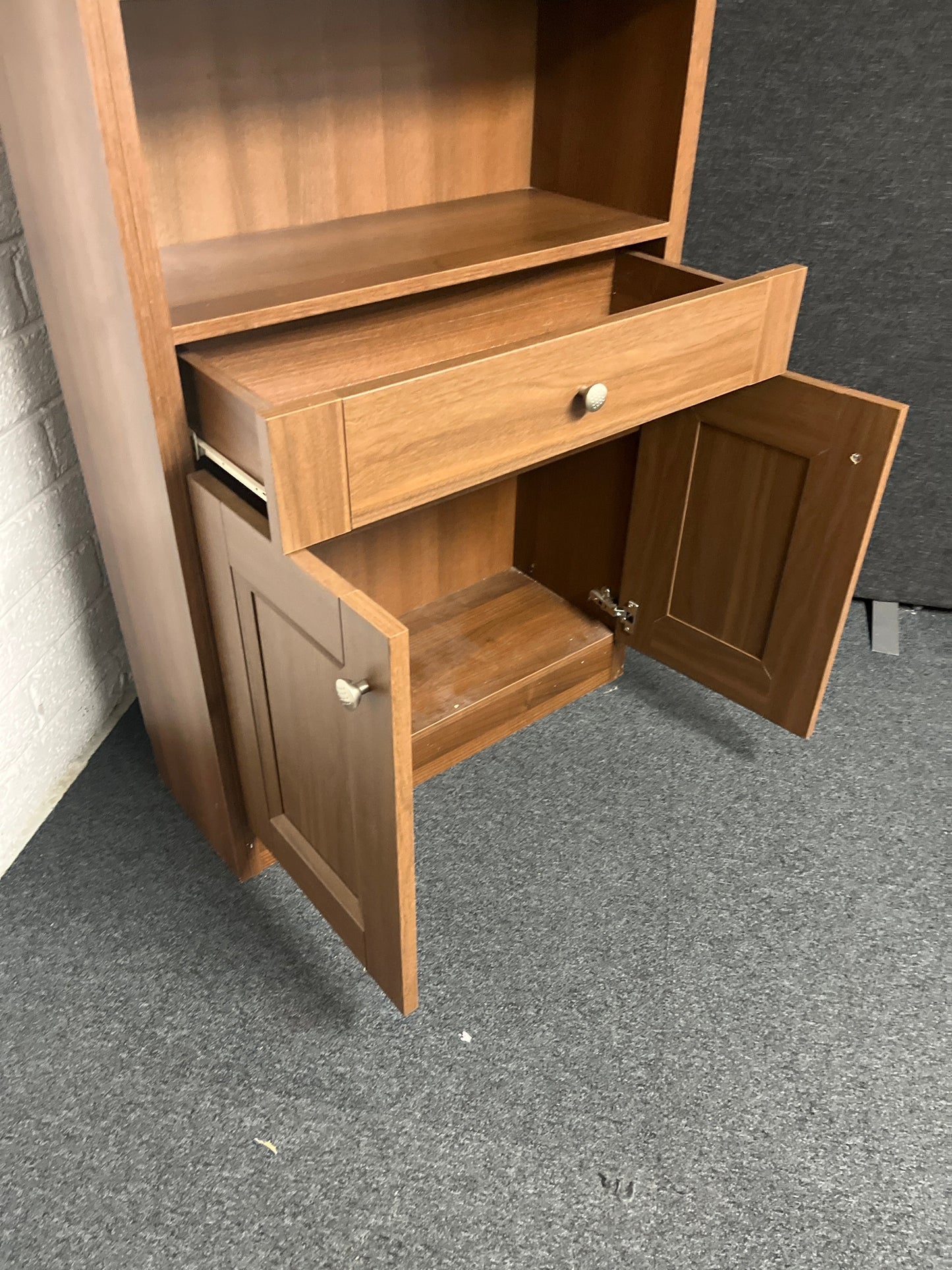 Tall walnut laminate 2 glass door display unit with drawer 2150Hx840Wx300D 2225