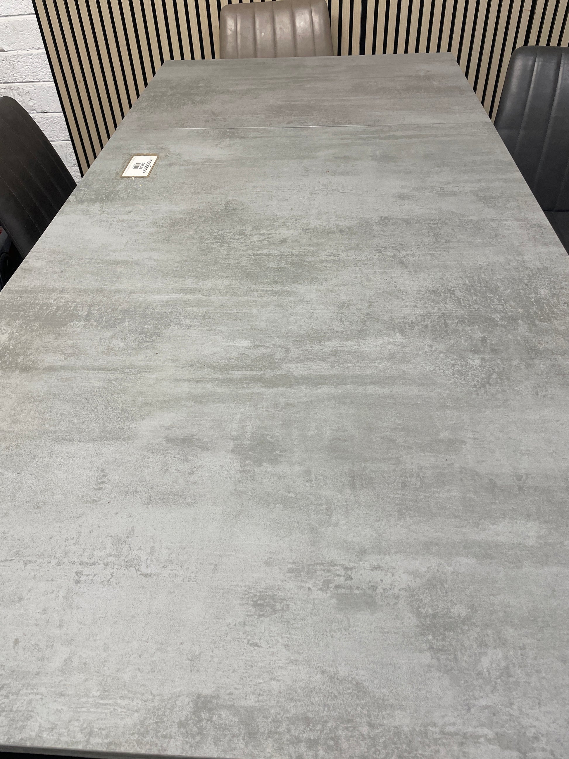 Large dark graphite extendable dining table on a metal frame (L 130 - 191 x W 90 cm) with Tripod base metal dining chairs with letterette seat 1126