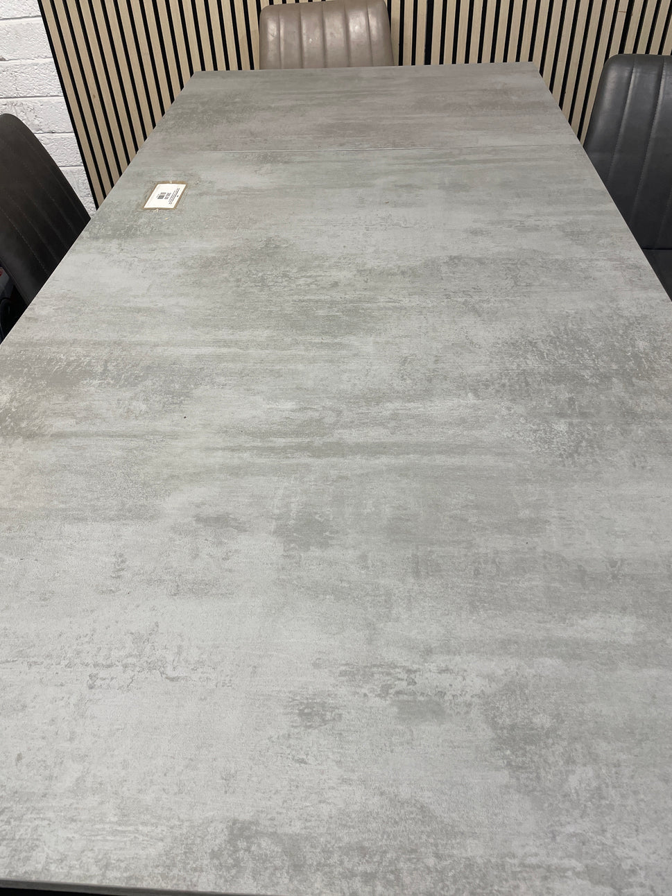 Large dark graphite extendable dining table on a metal frame (L 130 - 191 x W 90 cm) with Tripod base metal dining chairs with letterette seat 1126