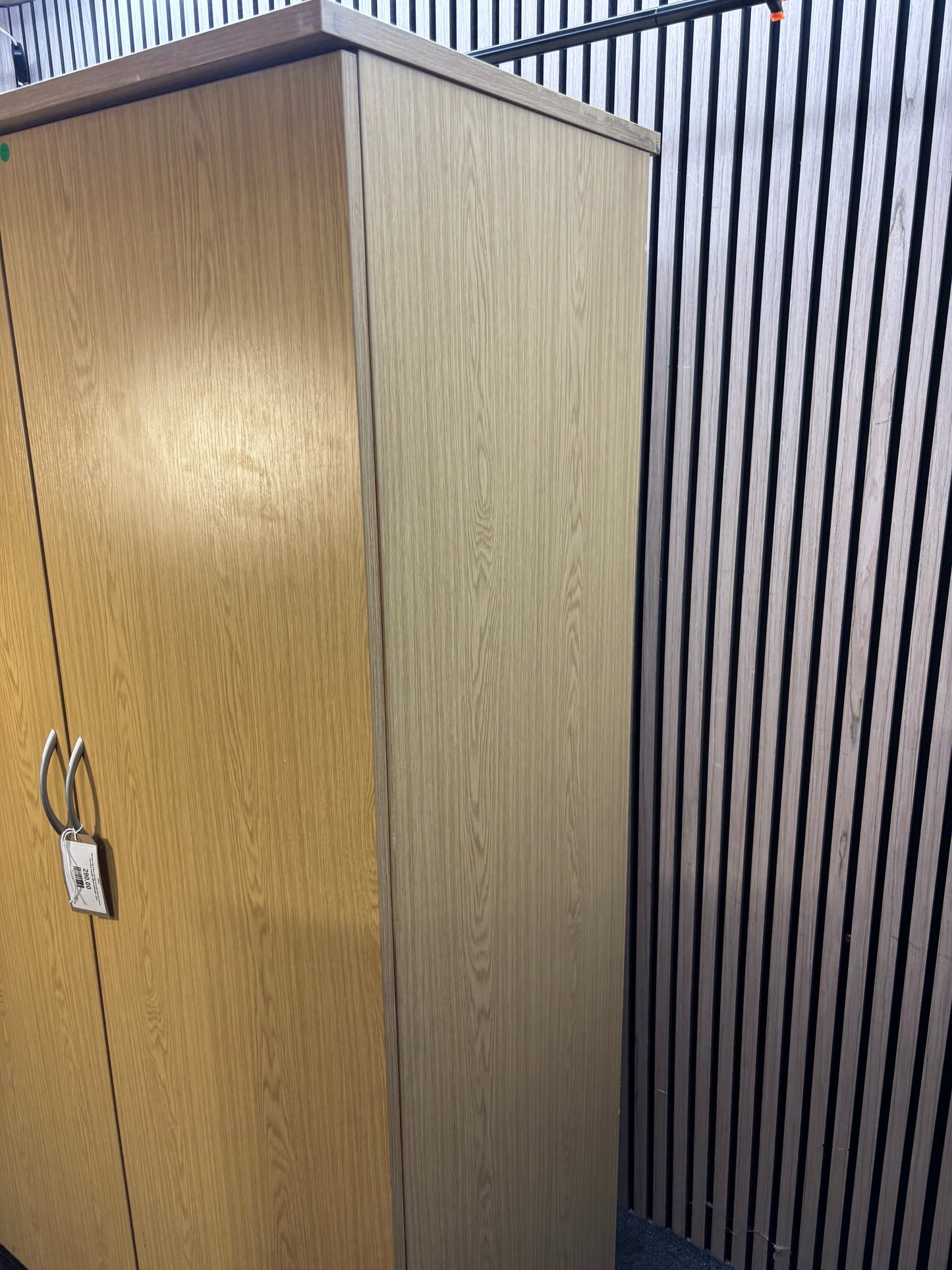 Tall dark oak 2 door storage unit with internal shelves and silver handles 189Hx106Wx60D  J3933