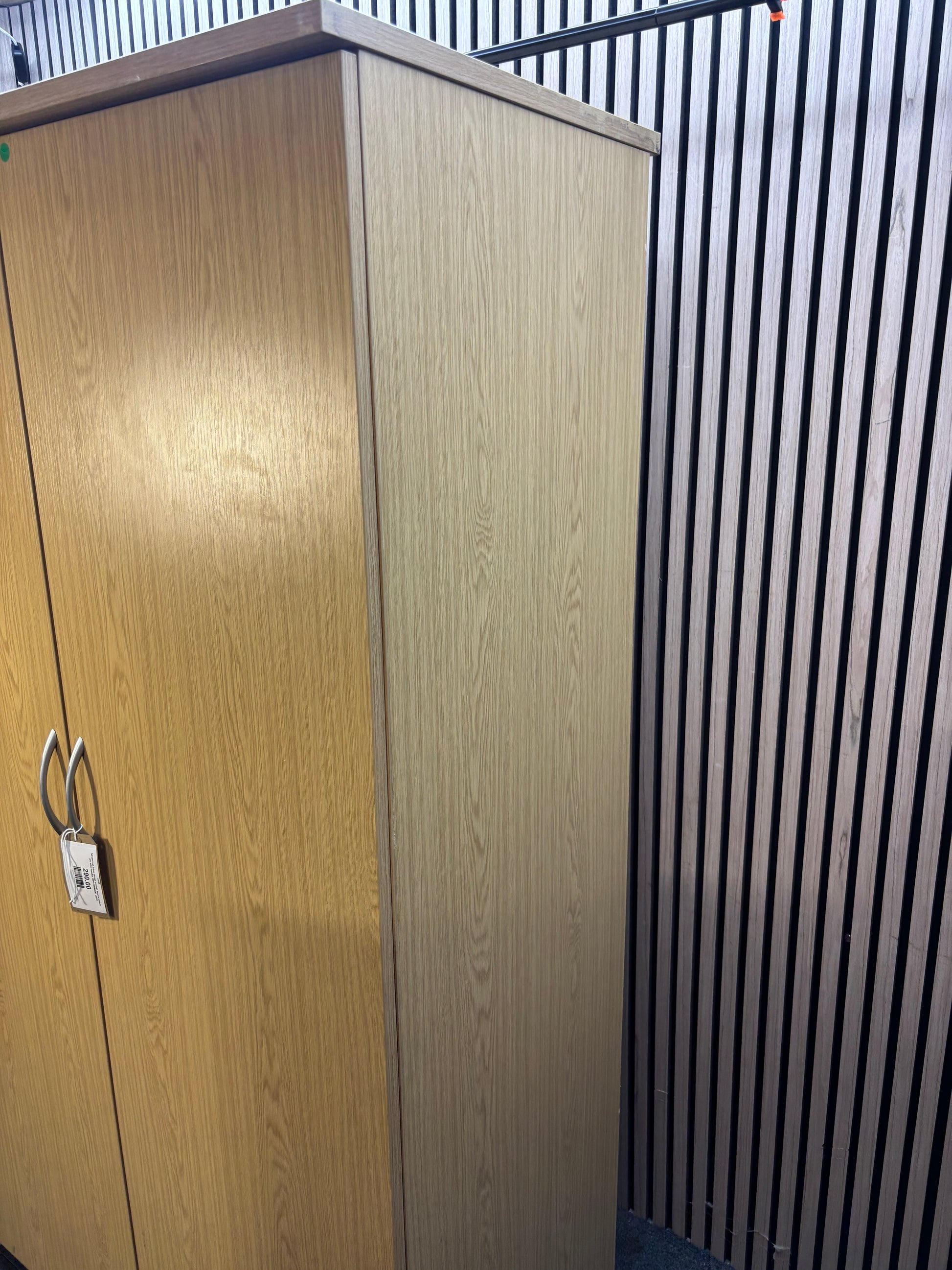 Tall dark oak 2 door storage unit with internal shelves and silver handles 189Hx106Wx60D  J3933