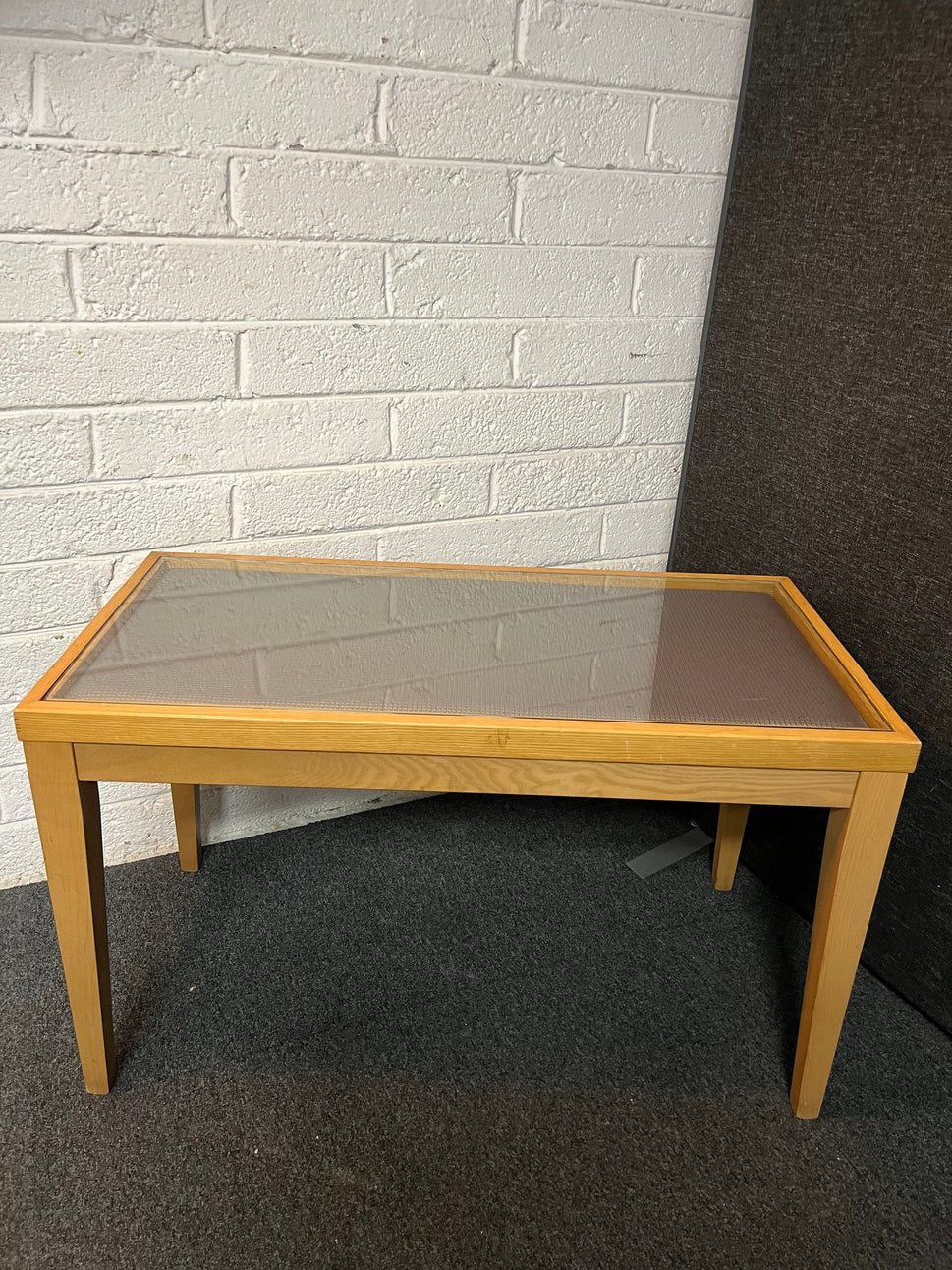 Solid wood light stained rectangular coffee table with glass top  2224