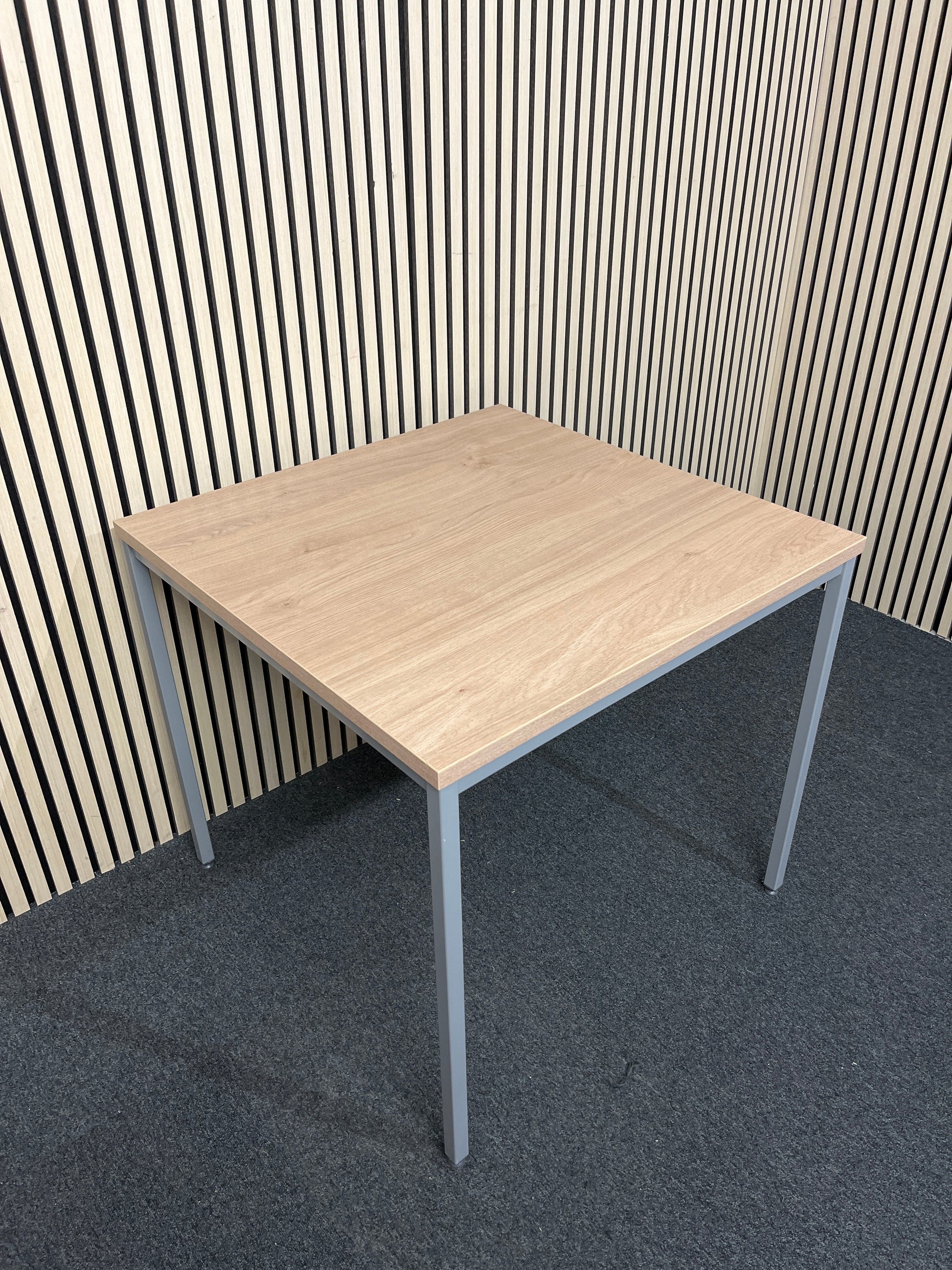 NEW light oak 25mm top 800x800 canteen table with silver metal framed legs. Price inc VAT