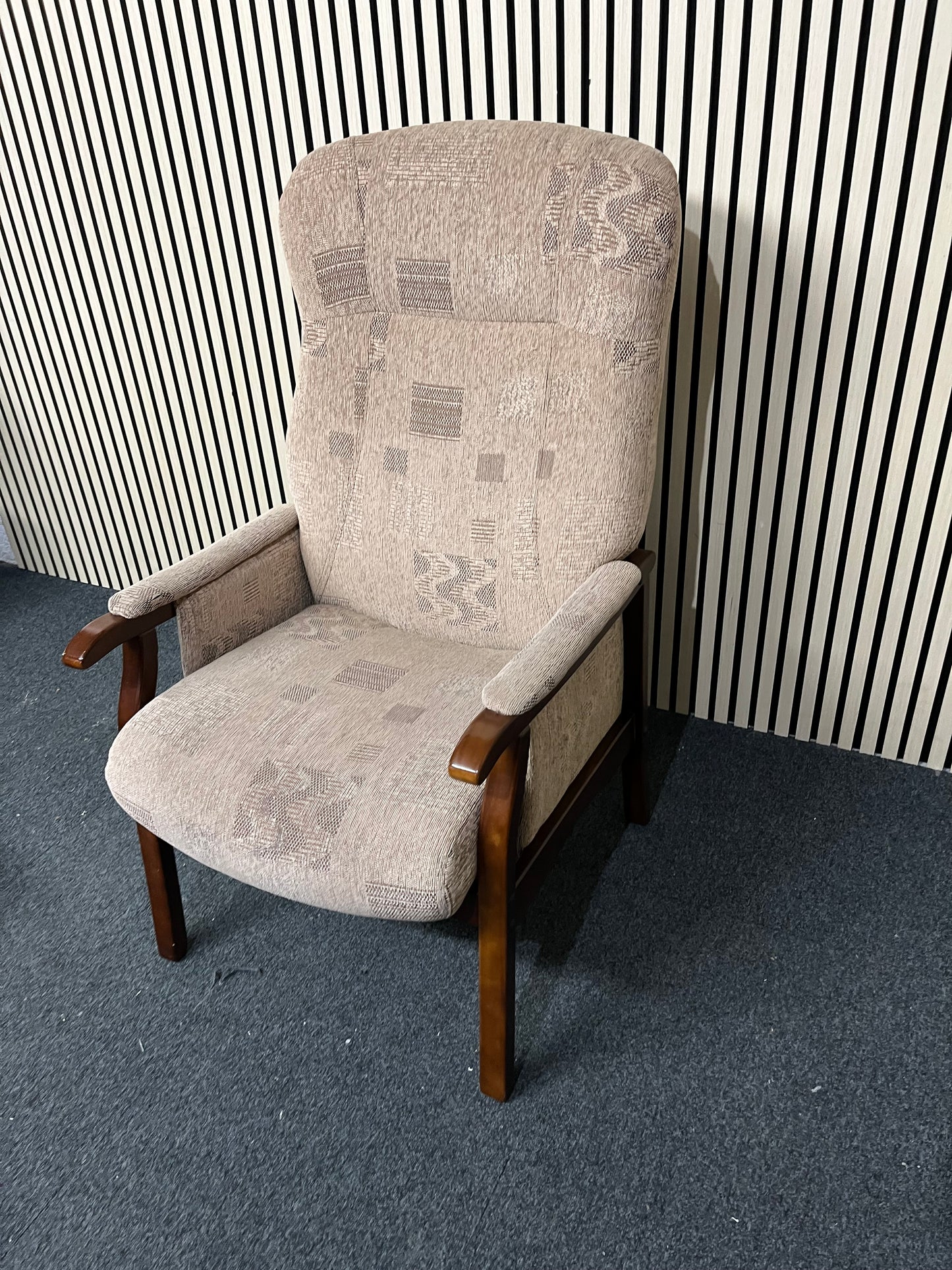Cream fabric fireside armchair with solid darkwood frame 3325