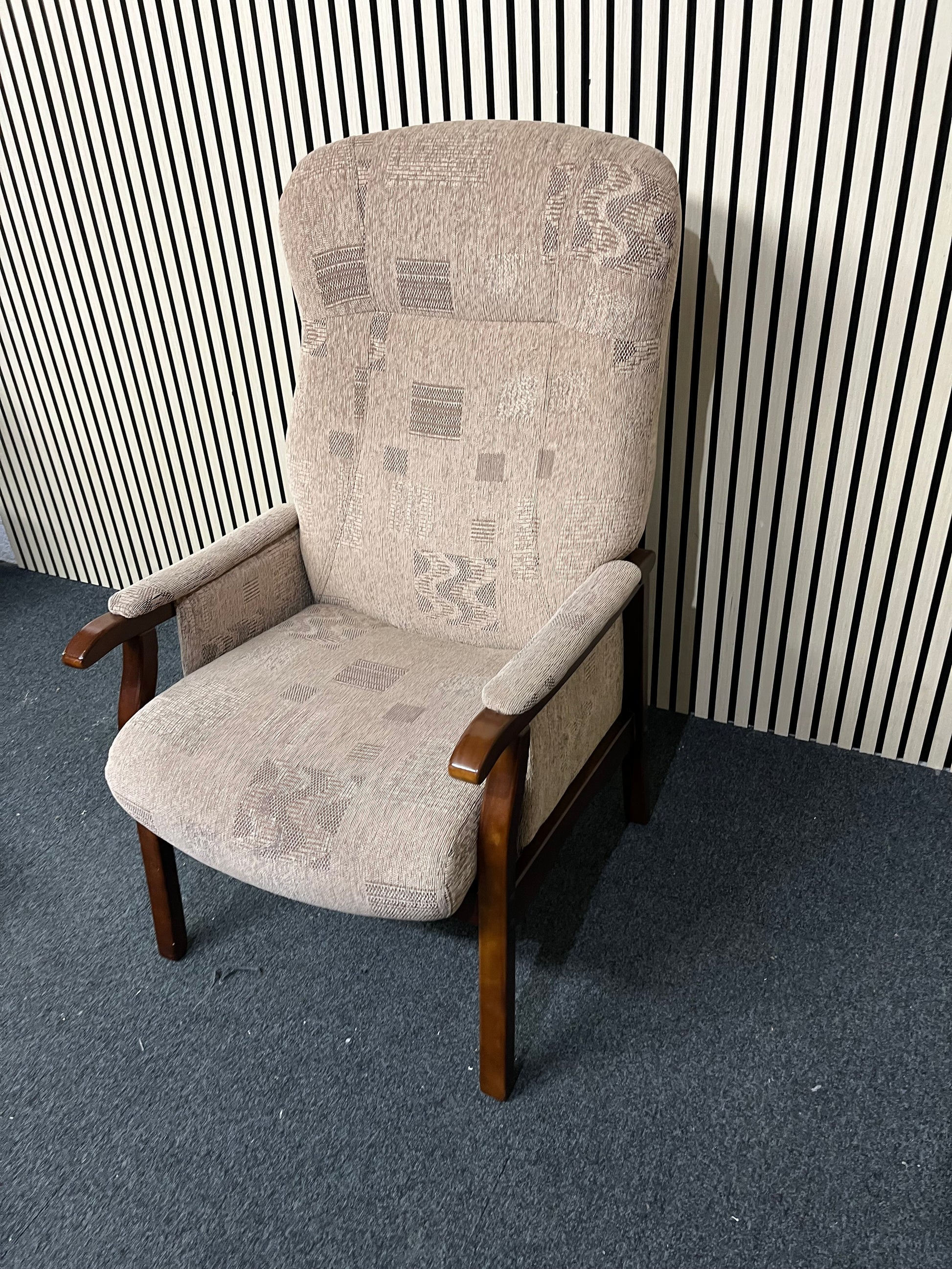 Cream fabric fireside armchair with solid darkwood frame 3325
