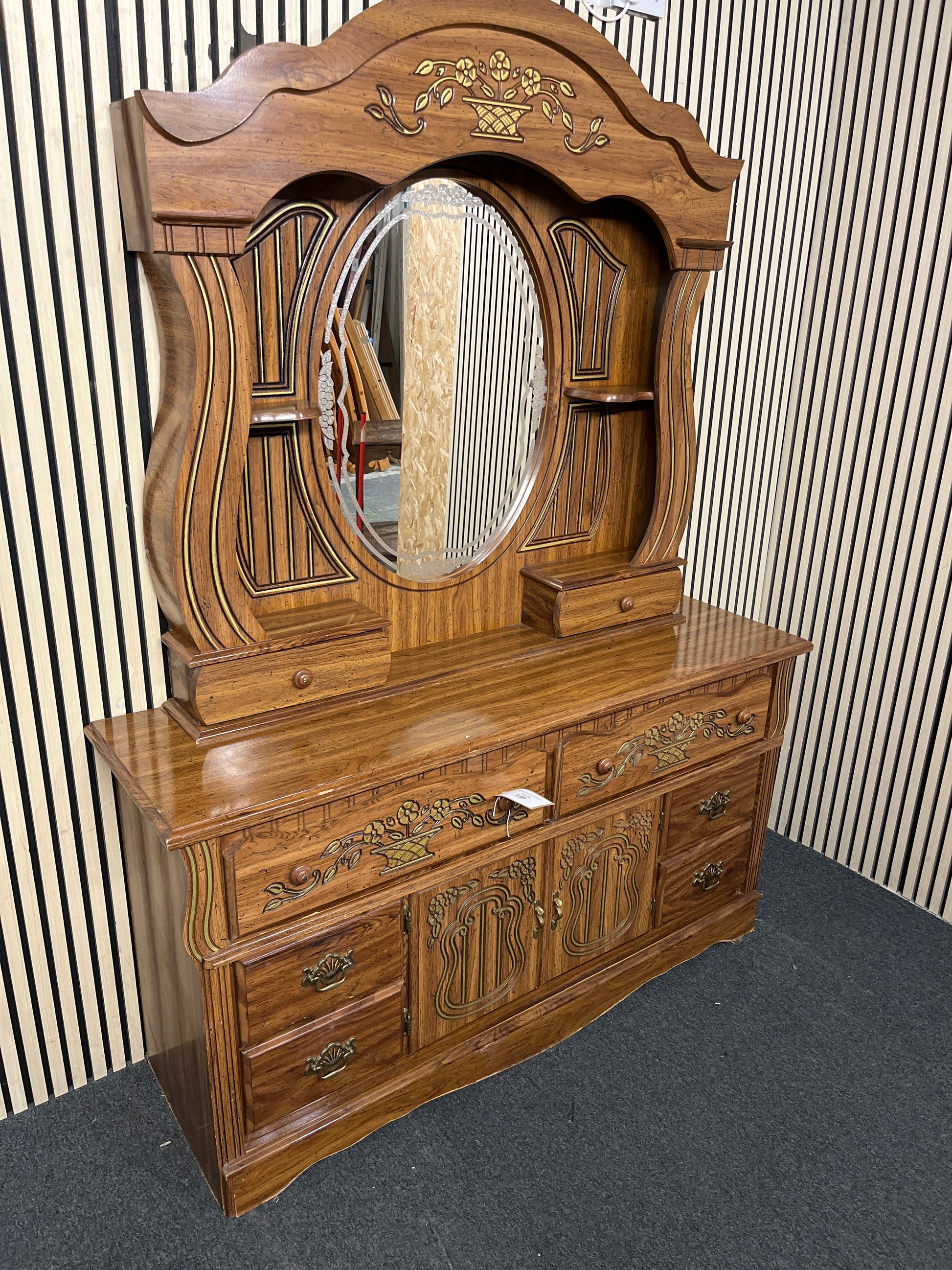 Ornate dark wood laminate mirrorered display unit with base storage ( H 210 x W 156 x D 46 cm)  44305
