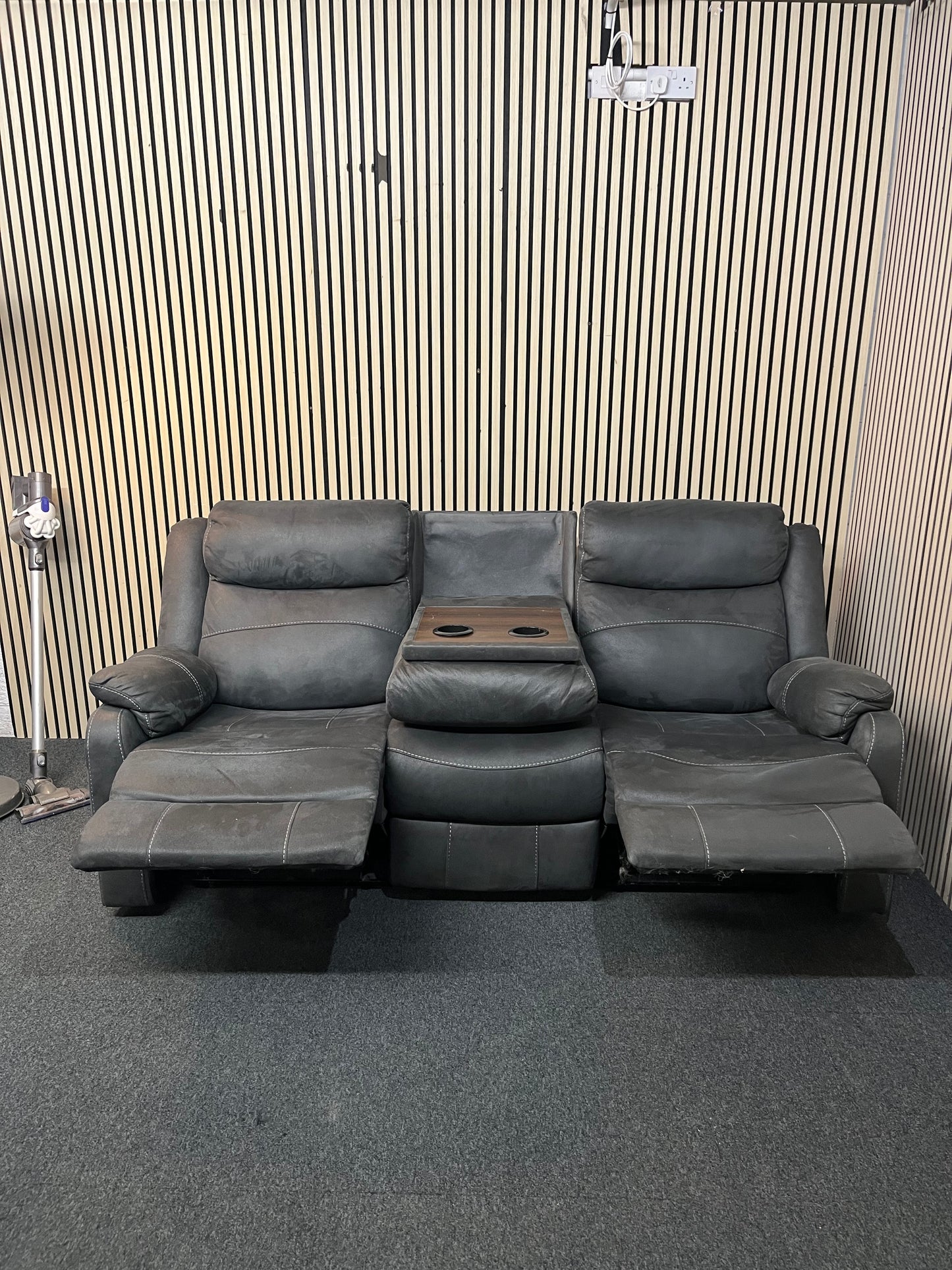 3 seater, dark grey, microfibre recliner sofa. 3126