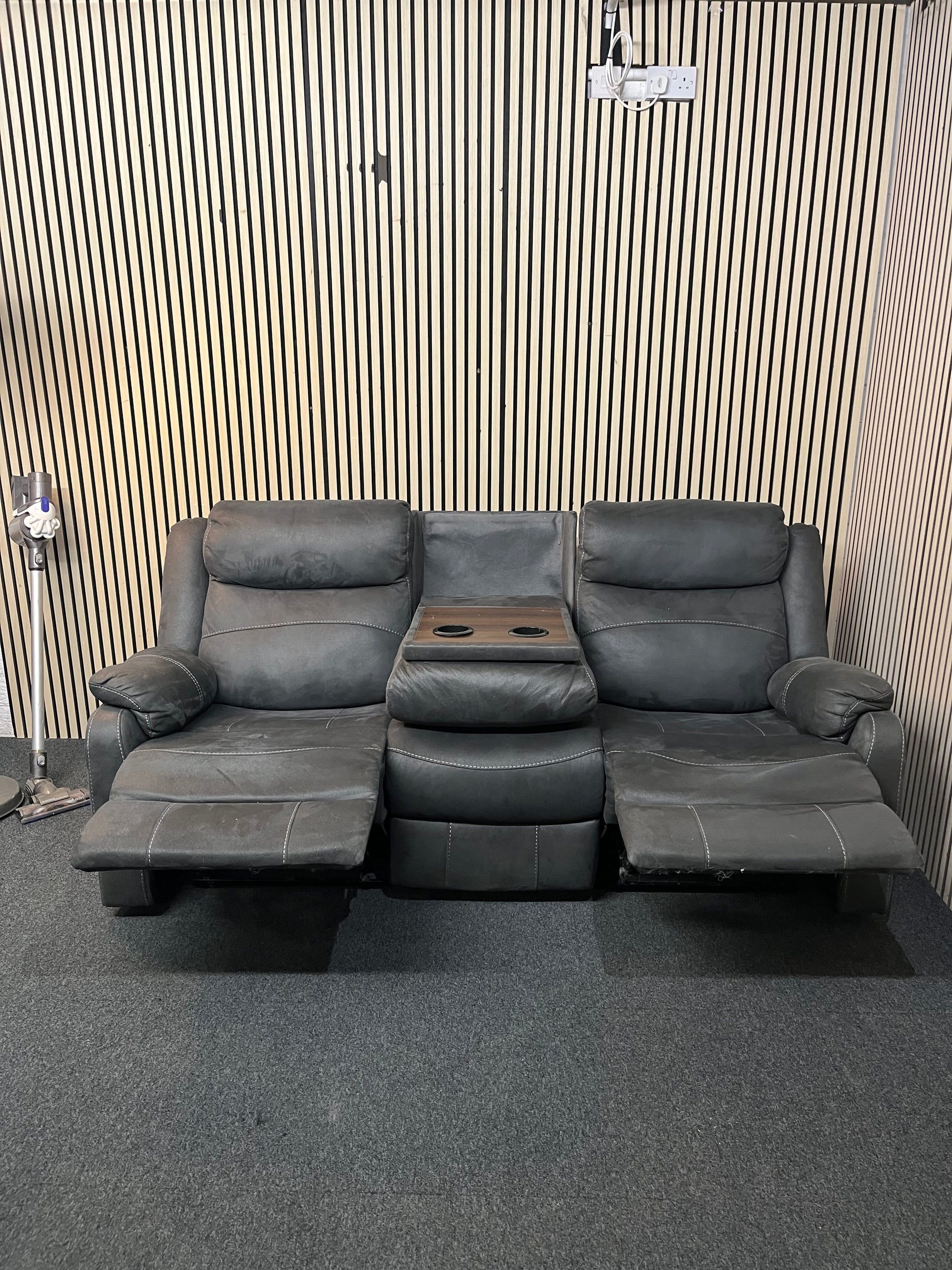 3 seater, dark grey, microfibre recliner sofa. 3126