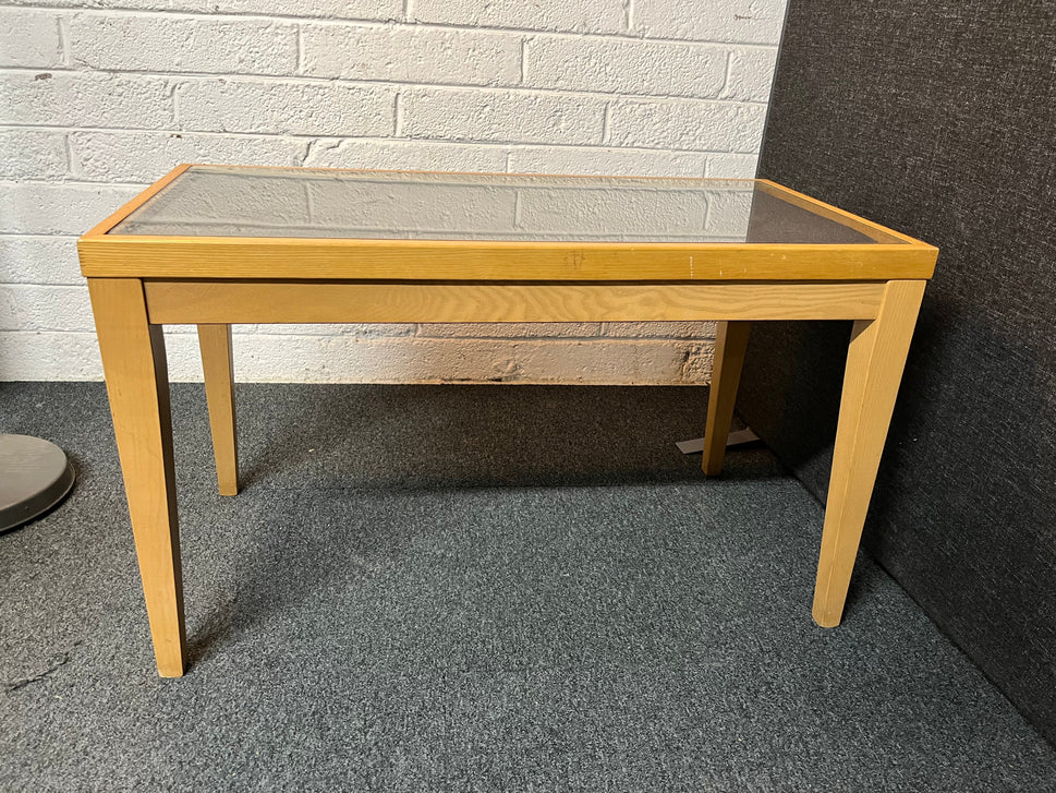 Solid wood light stained rectangular coffee table with glass top  2224