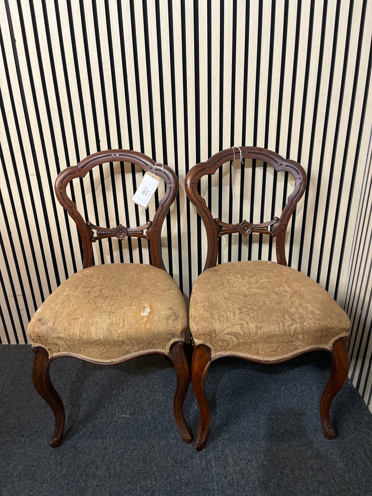 Pair of mahogany spoon back dining chairs with brown floral fabric 3126