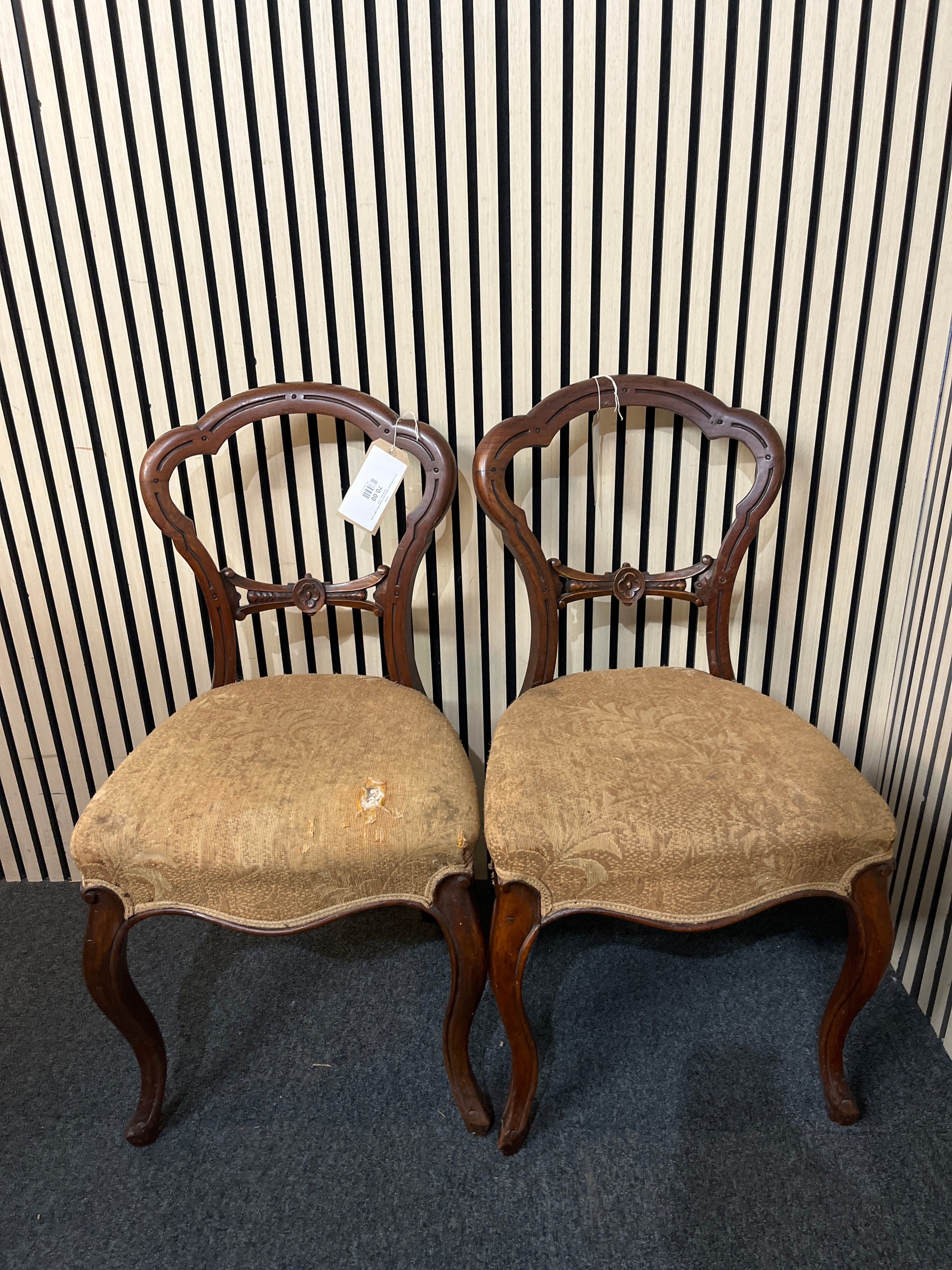 Pair of mahogany spoon back dining chairs with brown floral fabric 3126