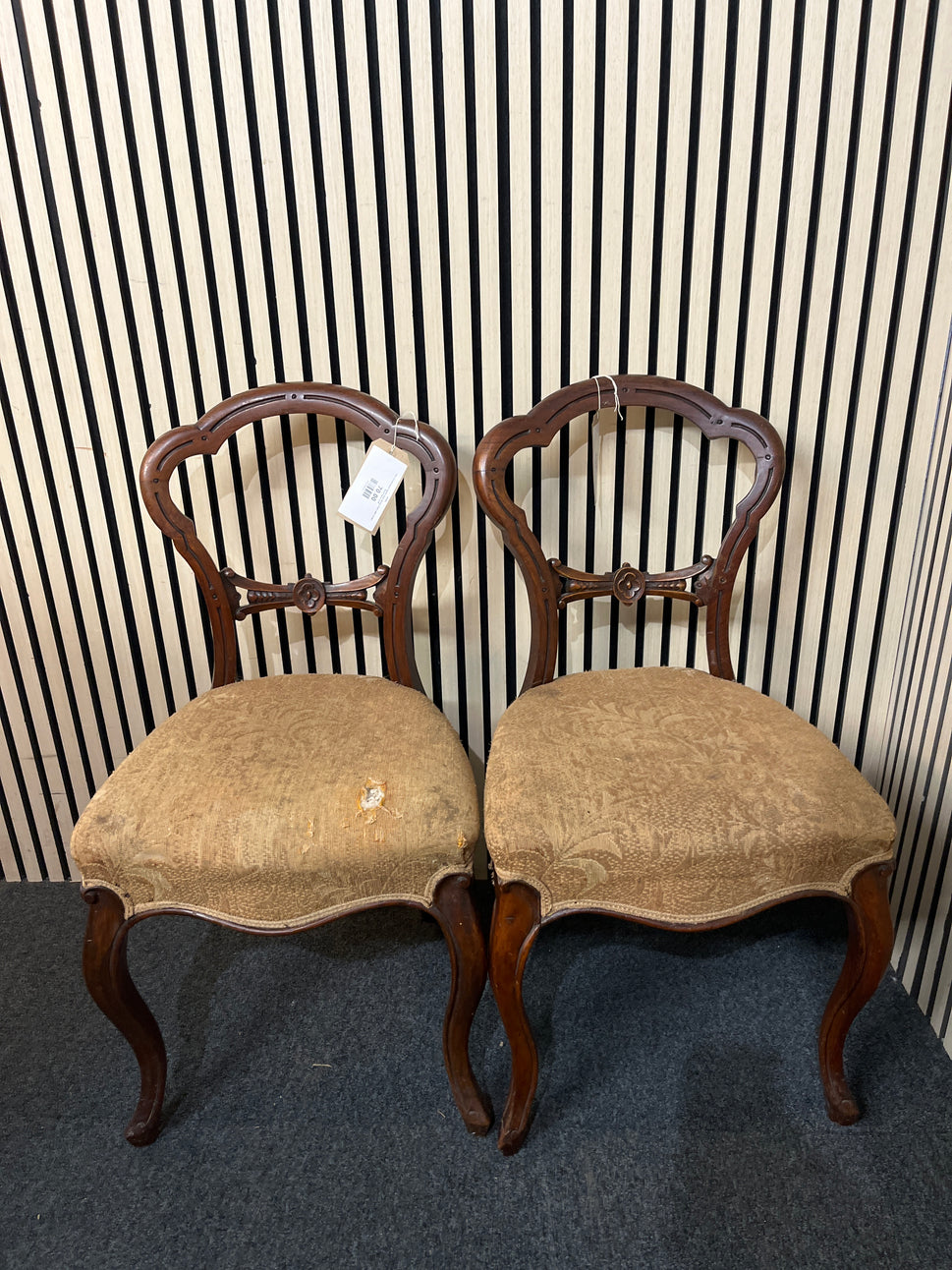 Pair of mahogany spoon back dining chairs with brown floral fabric 3126