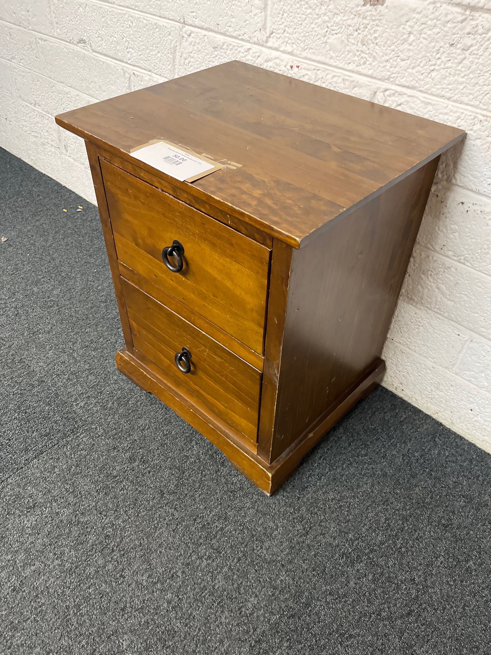 Solid pine stained 2 drawer bedside locker  1325