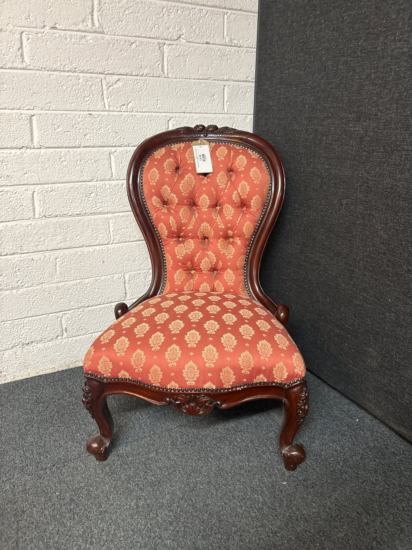 Mahogany framed armchair with wine and gold pattern 3225