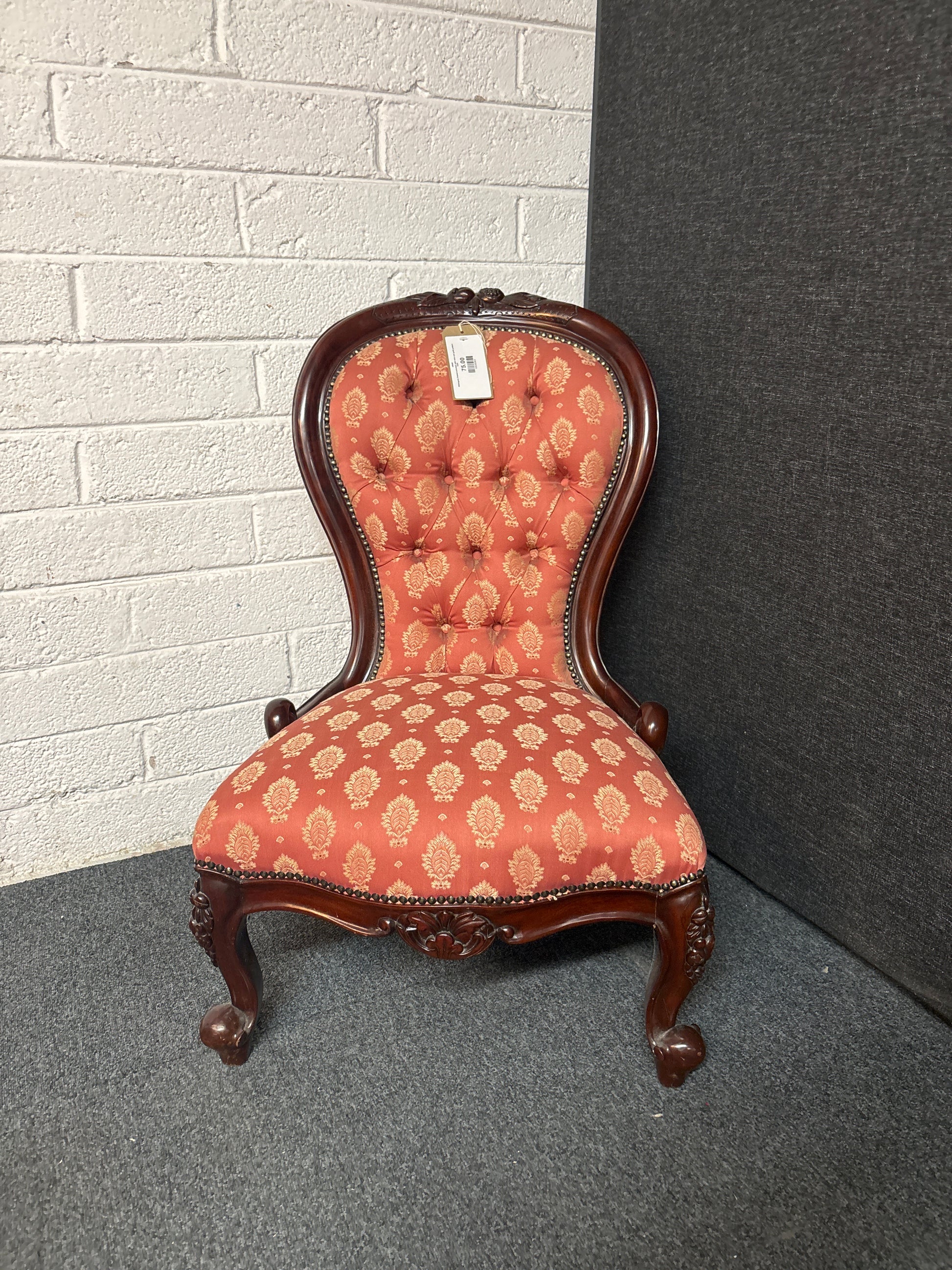 Mahogany framed armchair with wine and gold pattern 3225