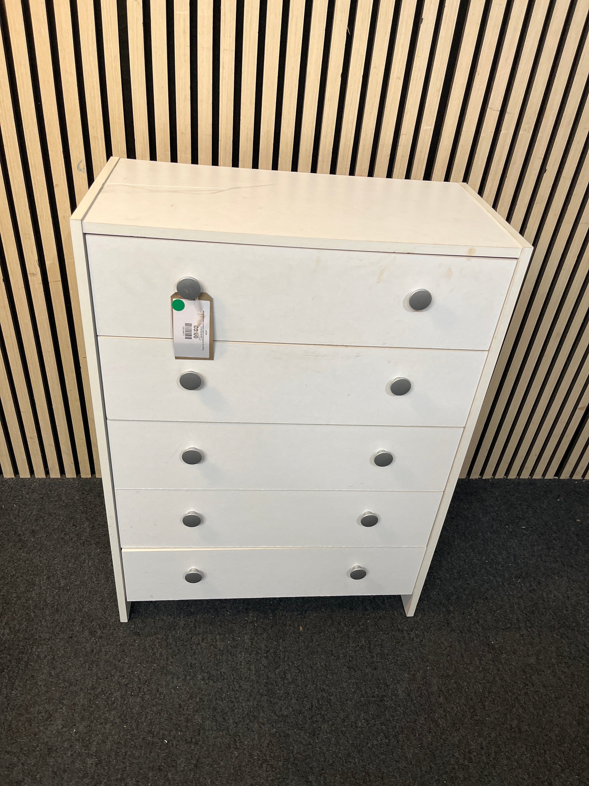 White laminate 5 drawer chest of drawers (H 90 x W 66 x D 33 cm) 43758
