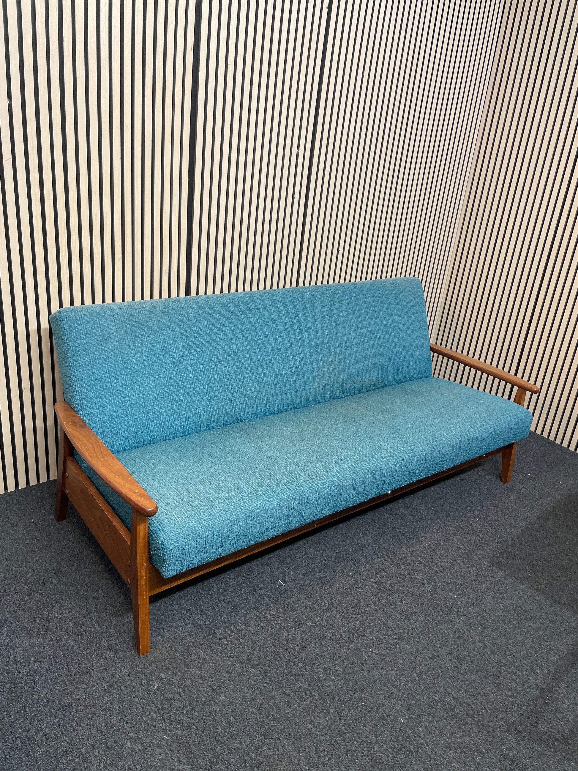 Large 3 seater teal fabric, solid dark wood frame sofa bed 1126