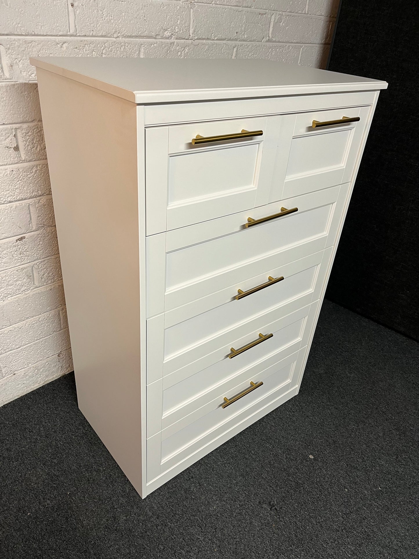 Tall 3+2 chest of drawers with gold effect handles 1600Hx810Wx500D 2225