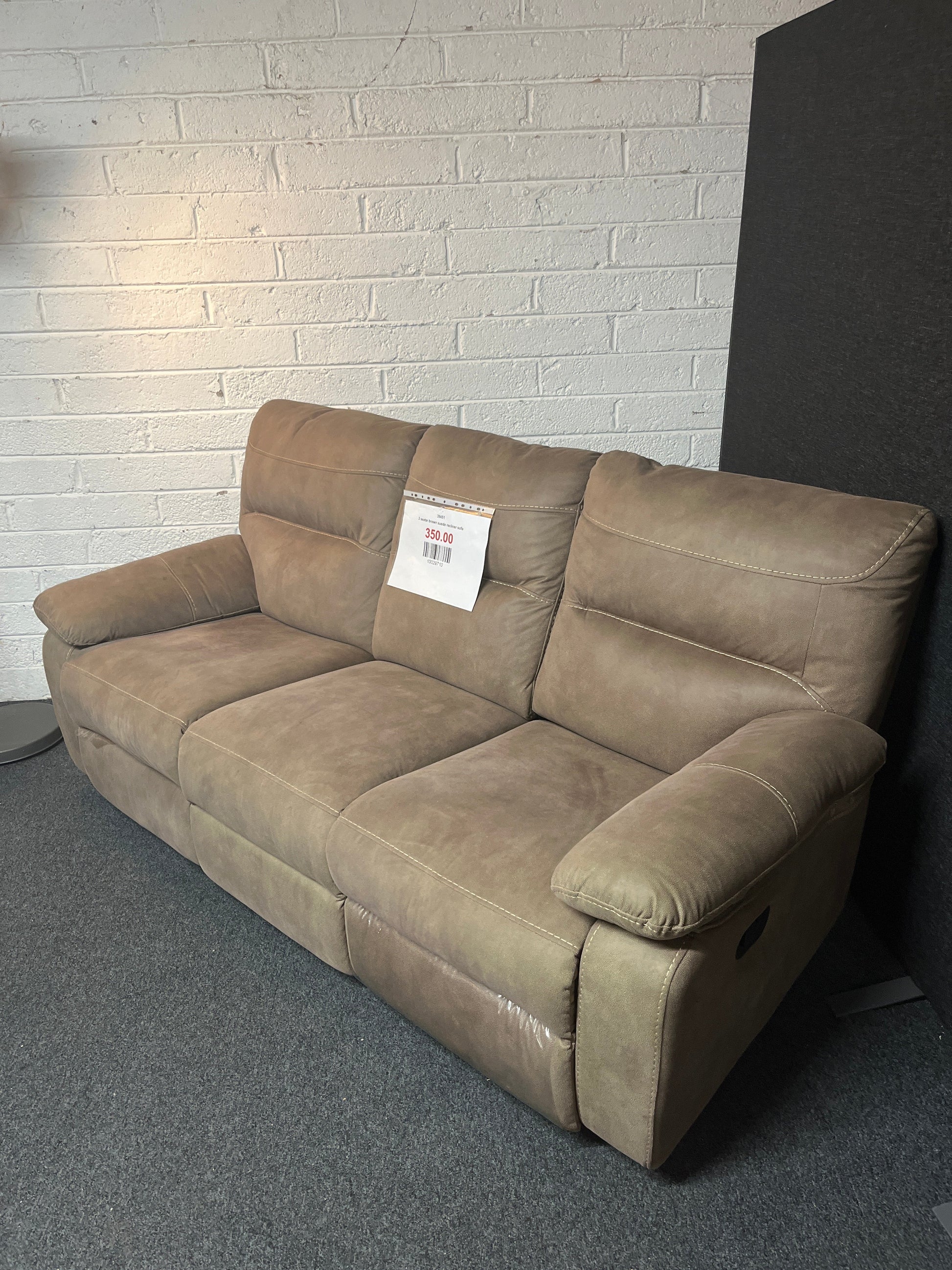 3 seater brown suede recliner sofa