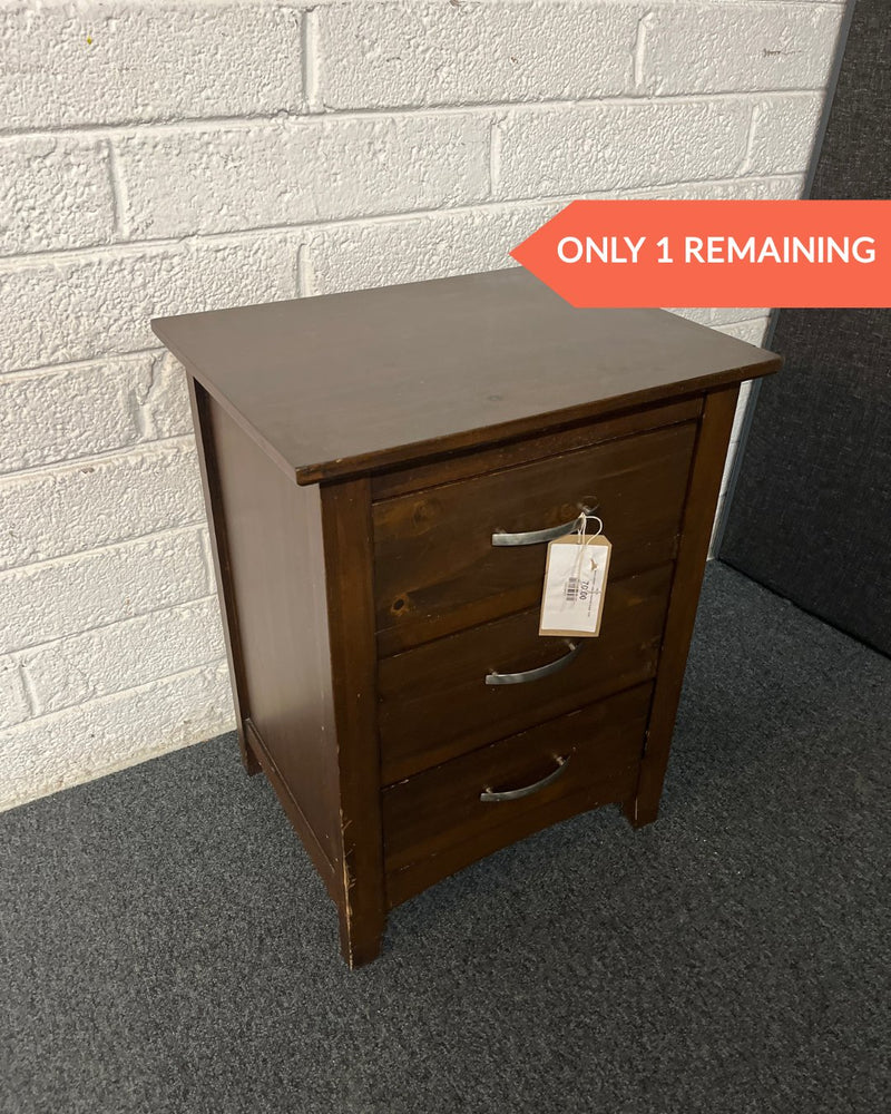 Dark wood stained 3 drawer bedside locker  1225