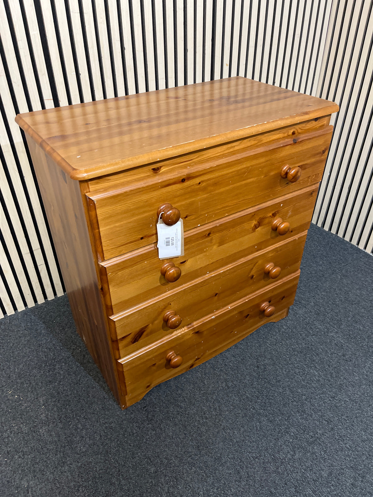 Solid pine chest with three drawers and round wooden knobs. (H 82 x W 75 x D 42 cm)  44279