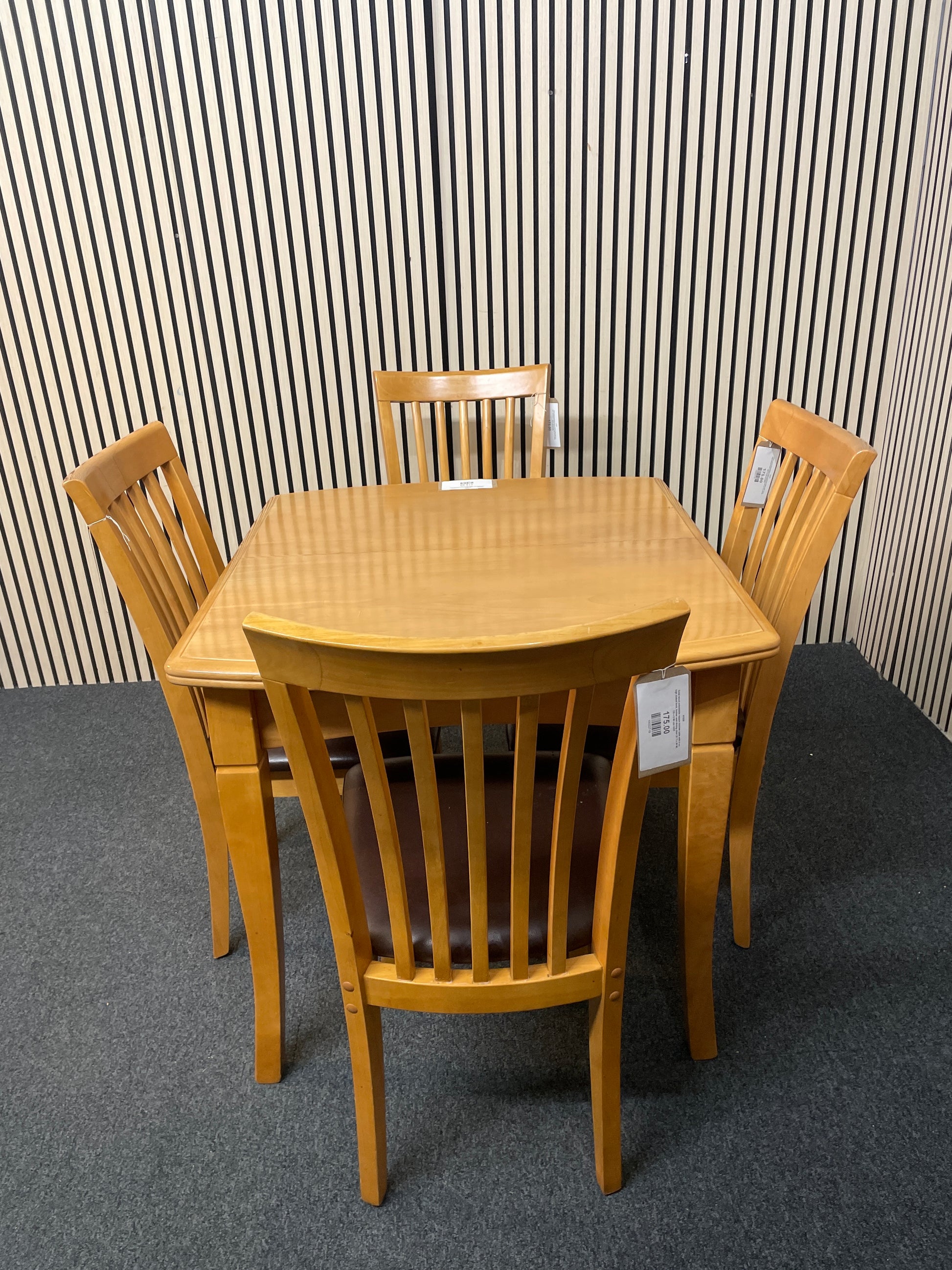 Solid wood extendable square kitchen table with 4 no. high slatted back, leather seat dining chair (H 73 x W 90, 120 x D 80 cm) 2425