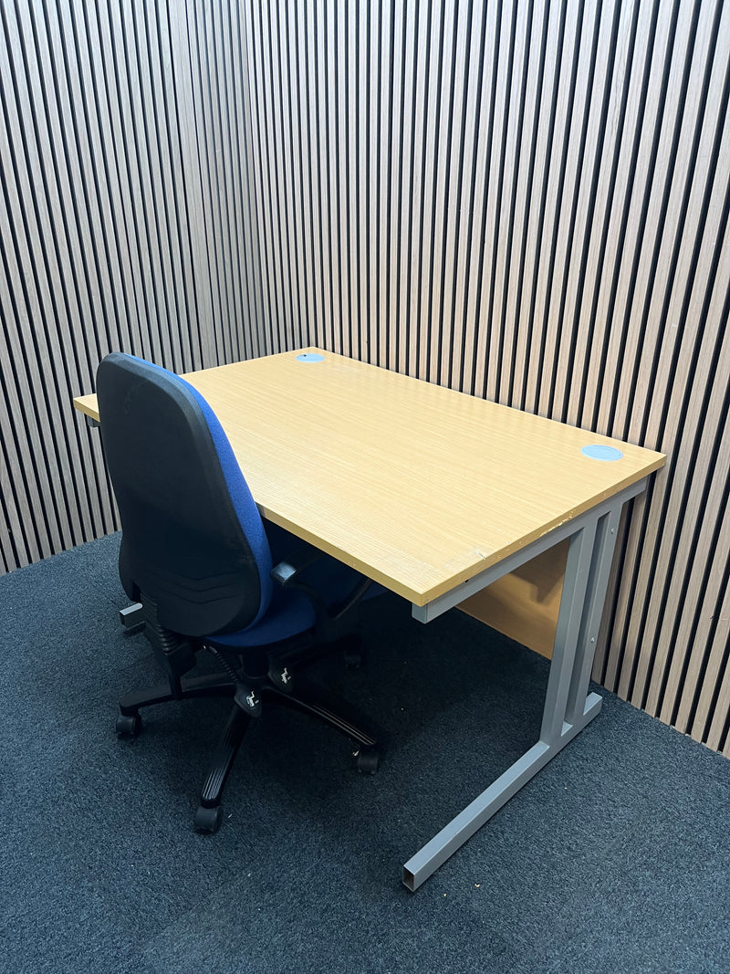Secondhand Beech 1200 x 800 cantilever desk with blue fabric swivel chair bundle