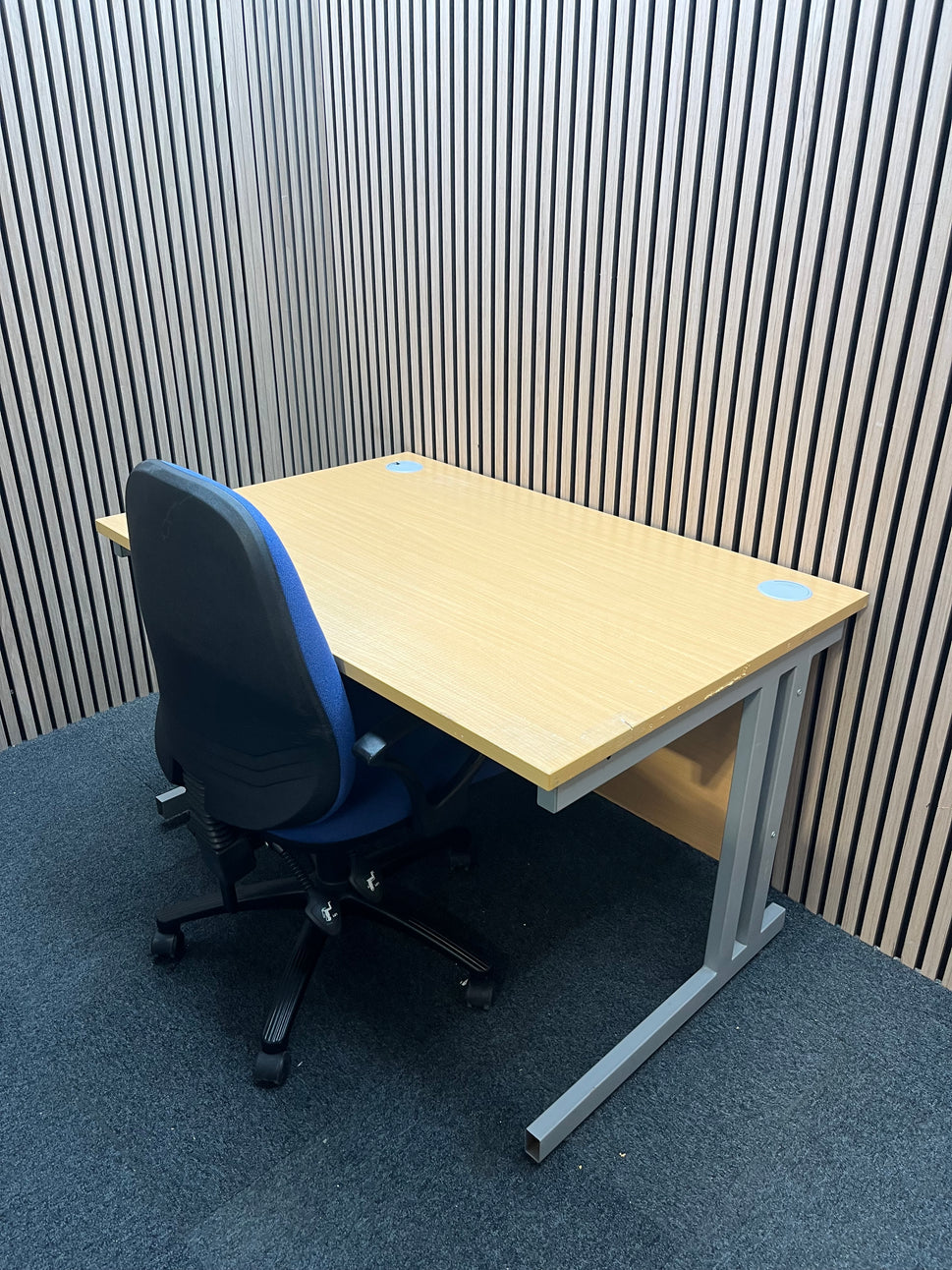 Secondhand Beech 1200 x 800 cantilever desk with blue fabric swivel chair bundle
