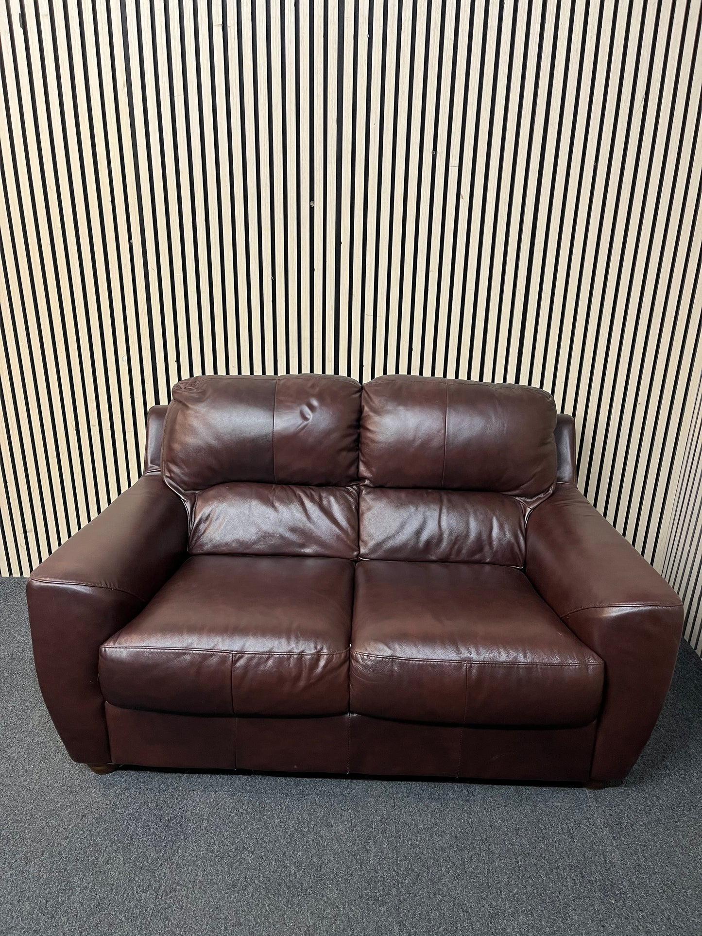 2 seater brown leather high back sofa 43359