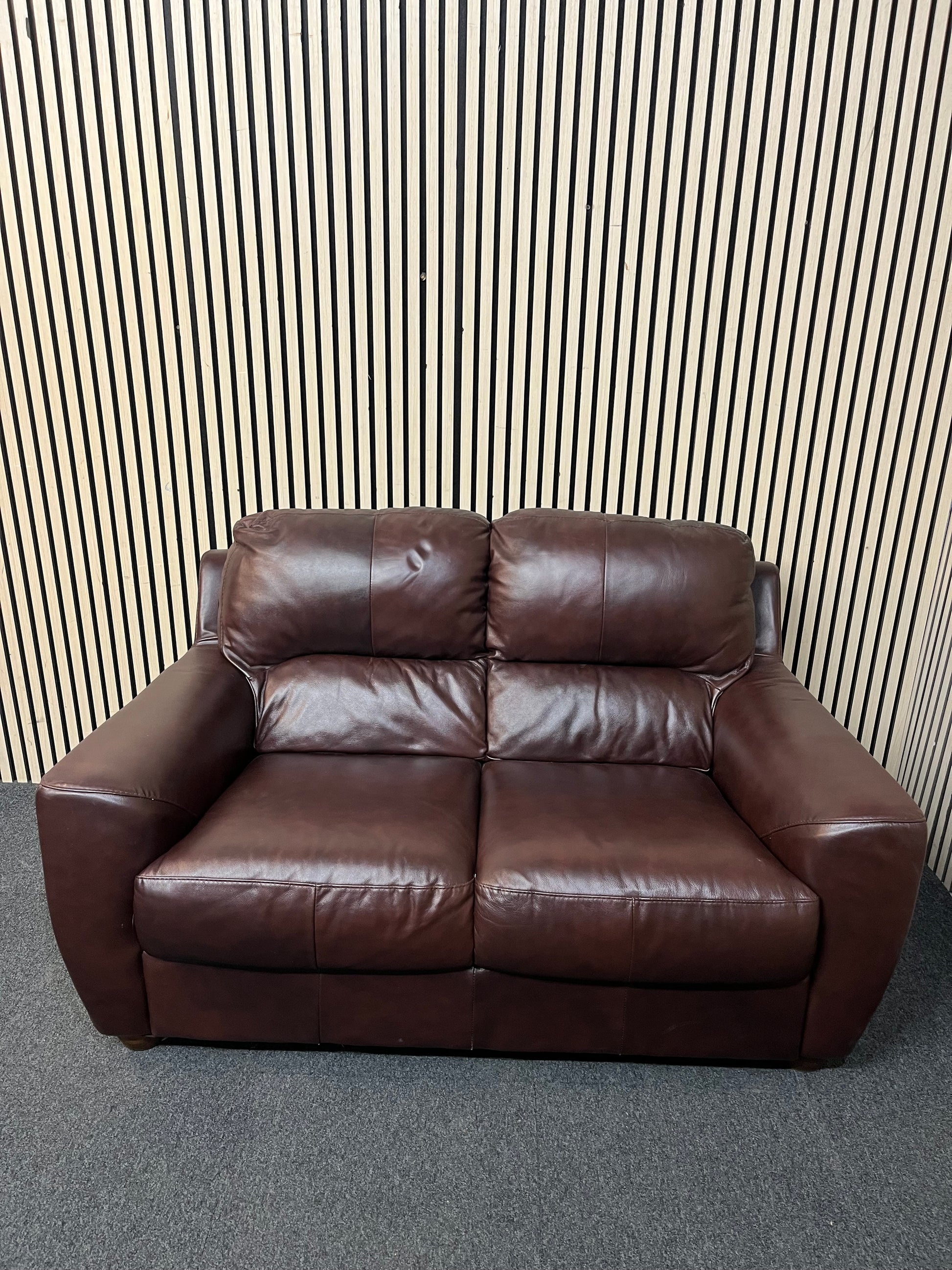 2 seater brown leather high back sofa 43359