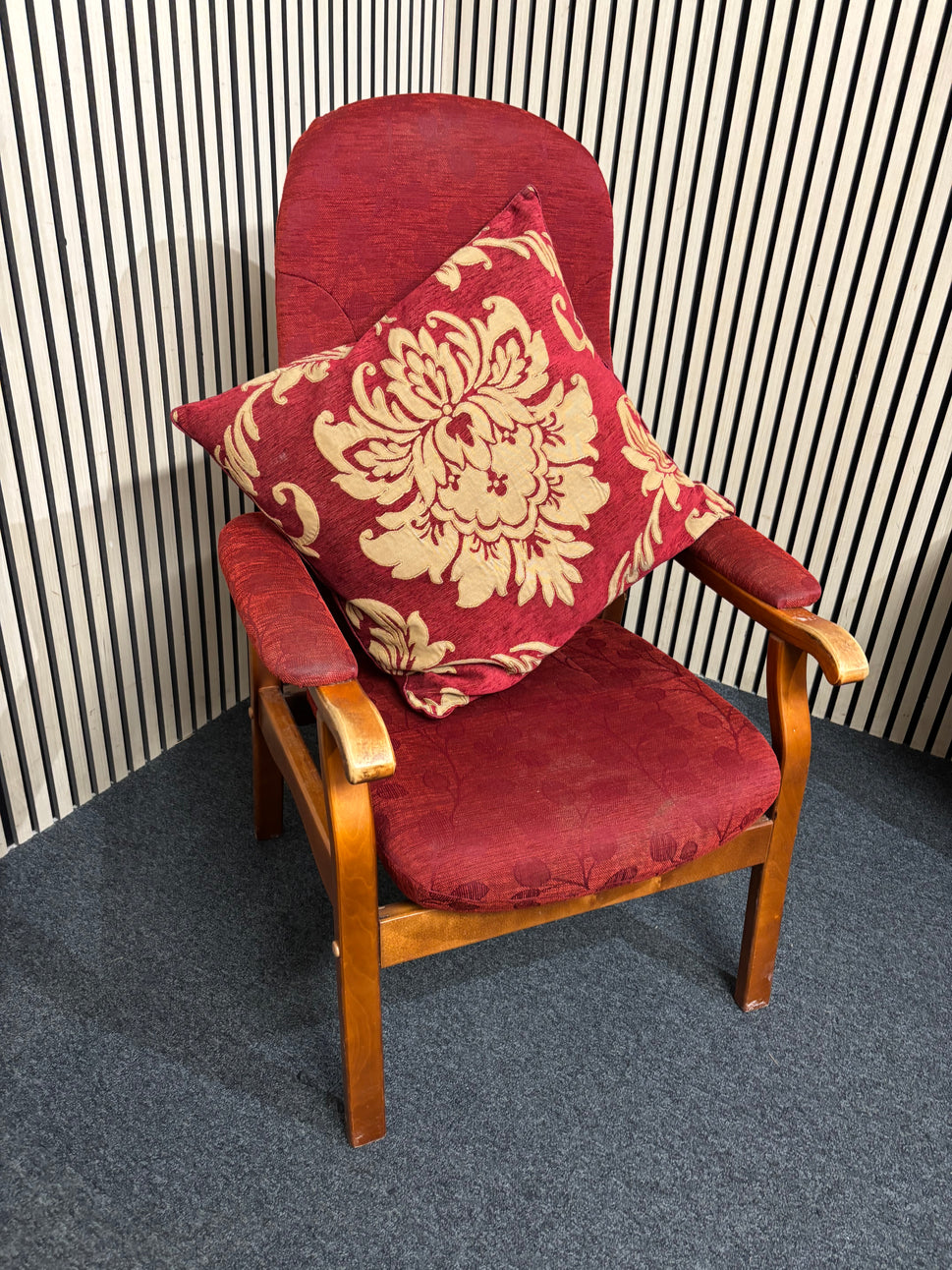 High back solid dark wood framed fireside armchair in dark wine mix fabric  3126