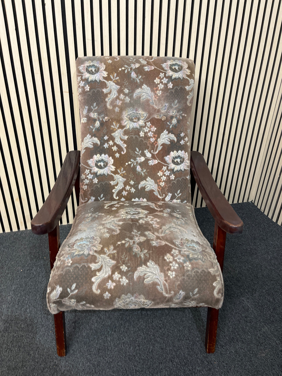 Low Fireside fabric chair with fabric and dark wood arms 2425