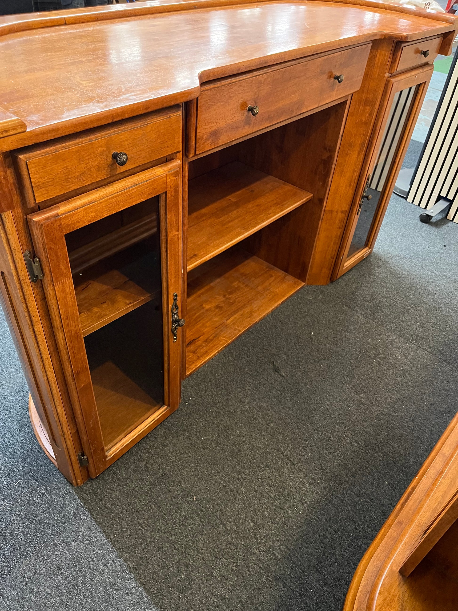 Ornate oak stained tall bar counter with storage drawers (Front H 110 x W 170 x D 60 cm) (Back  H 219 x W 177 x D 35 cm)