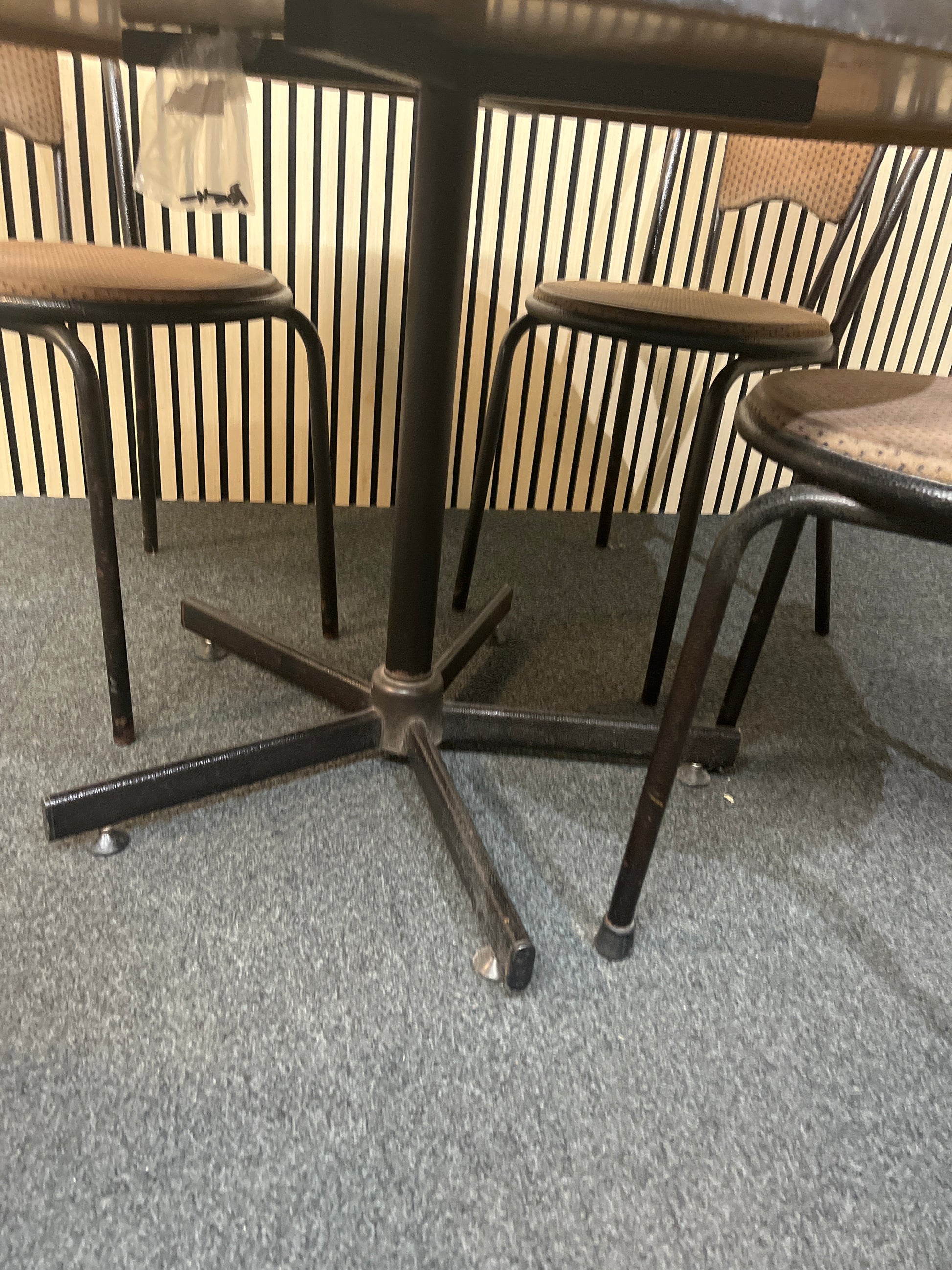 Circular black trim kitchen table with 4 no. black tubular metal framed, brown fabric seat chairs 1425