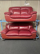 Modern 3+2 seater sofa in burgundy leather with chrome feet.  44792