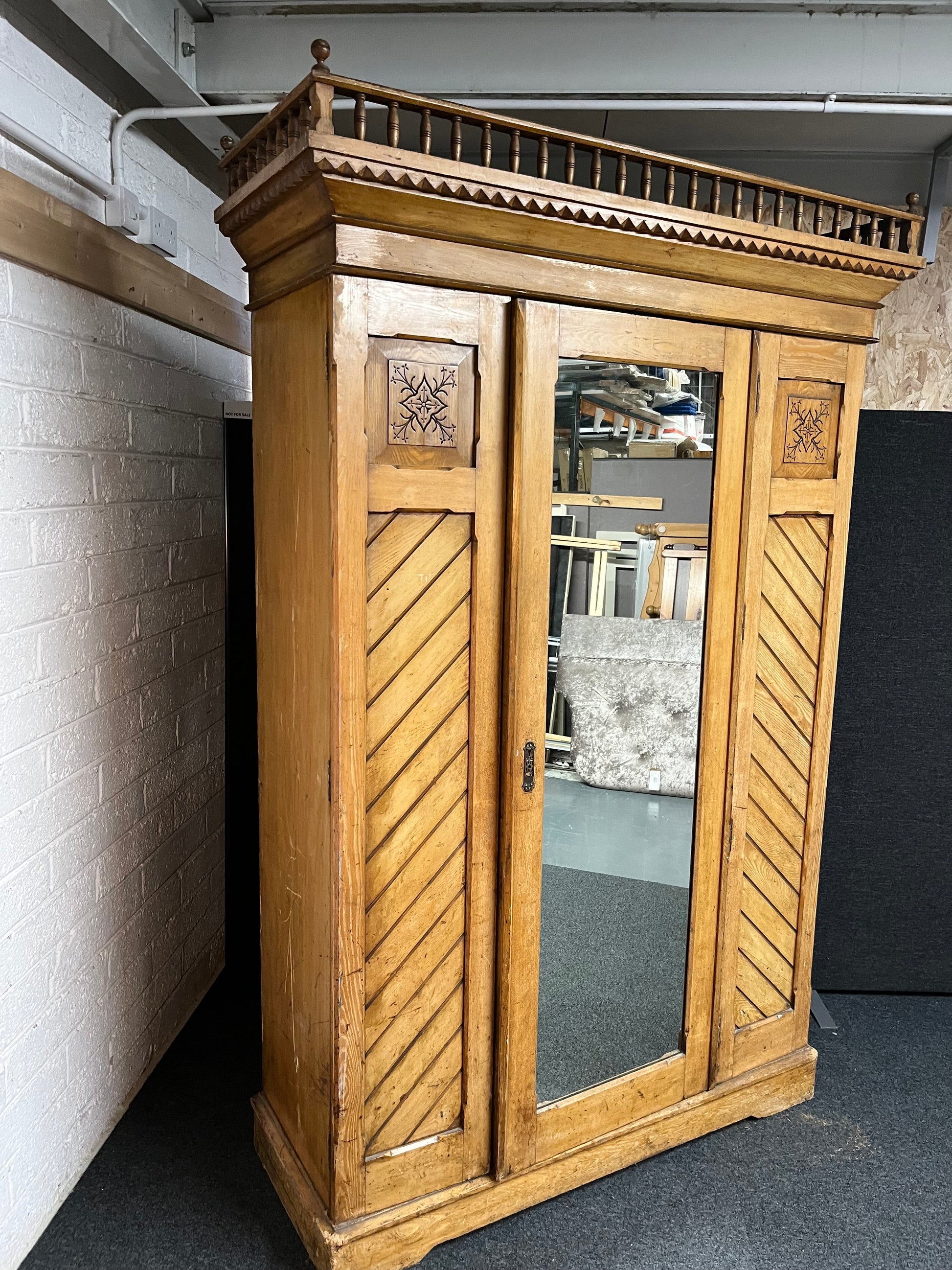 Large solid Victorian Ash antique wardrobe with central mirror -handmade in Ireland (H 2250 x W 1480 x D 560 mm) 1225
