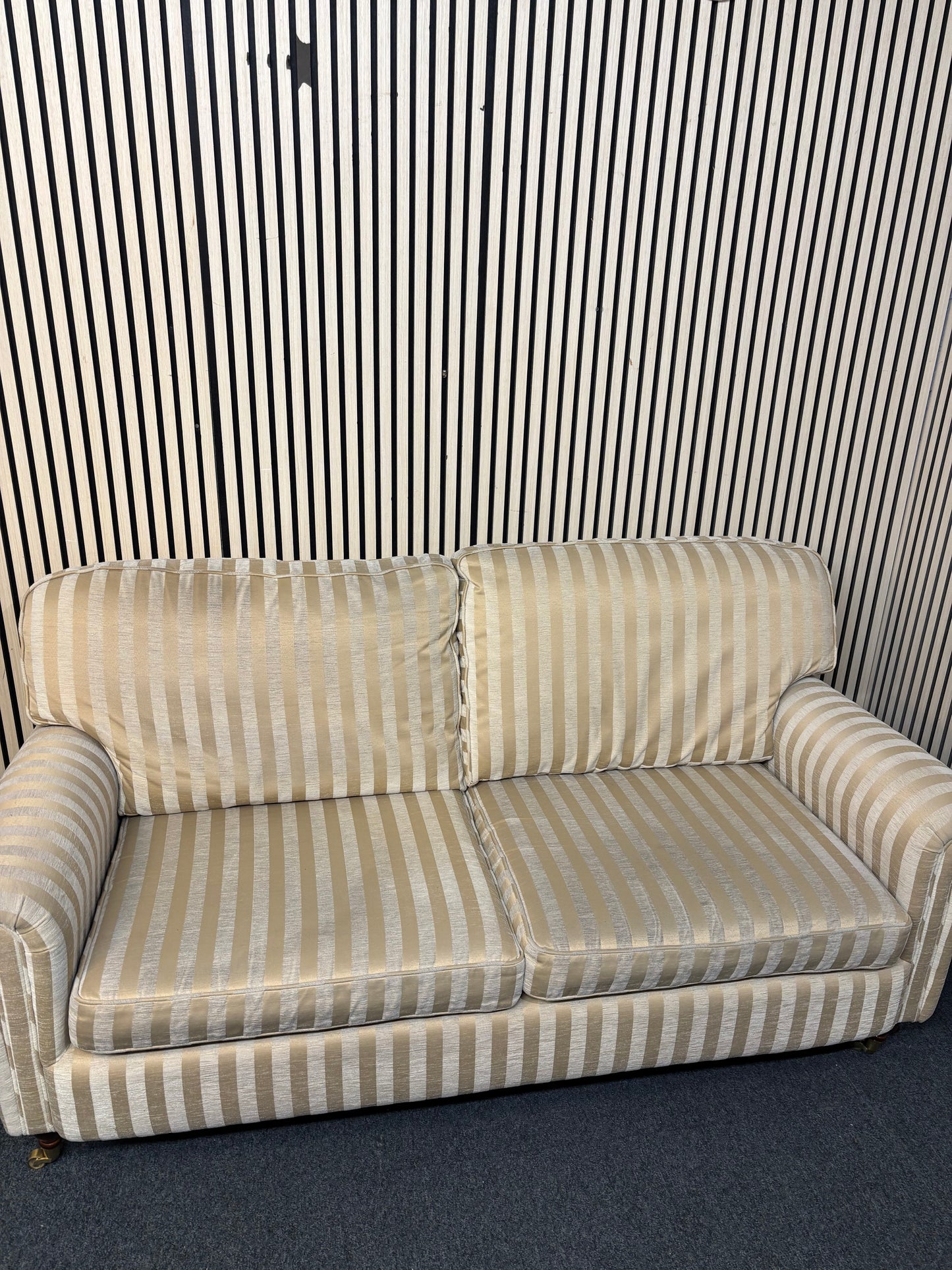 3+2+1 gold stripe fabric sofa suite with wooden framed leg and brass castors  1126