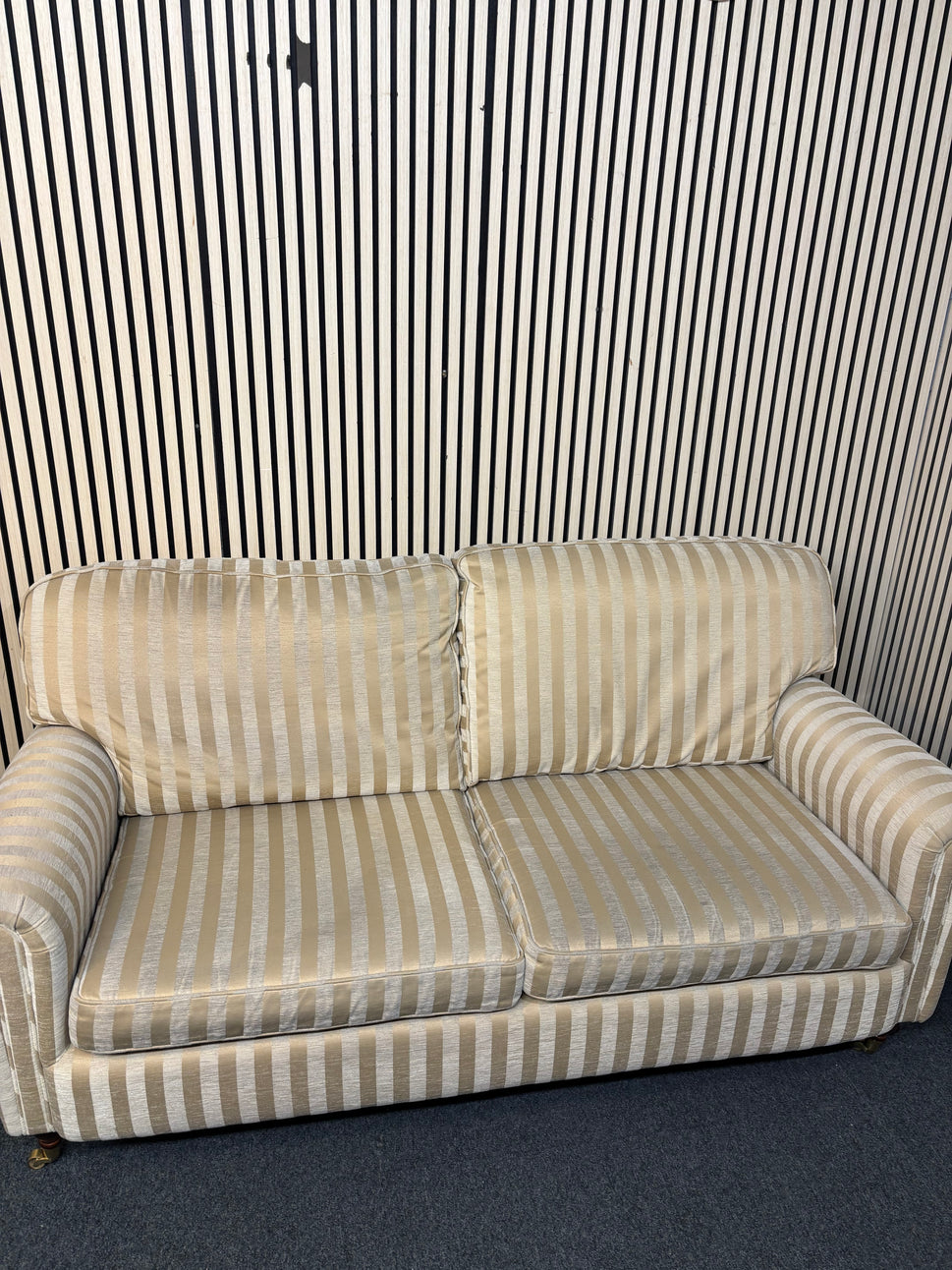3+2+1 gold stripe fabric sofa suite with wooden framed leg and brass castors  1126
