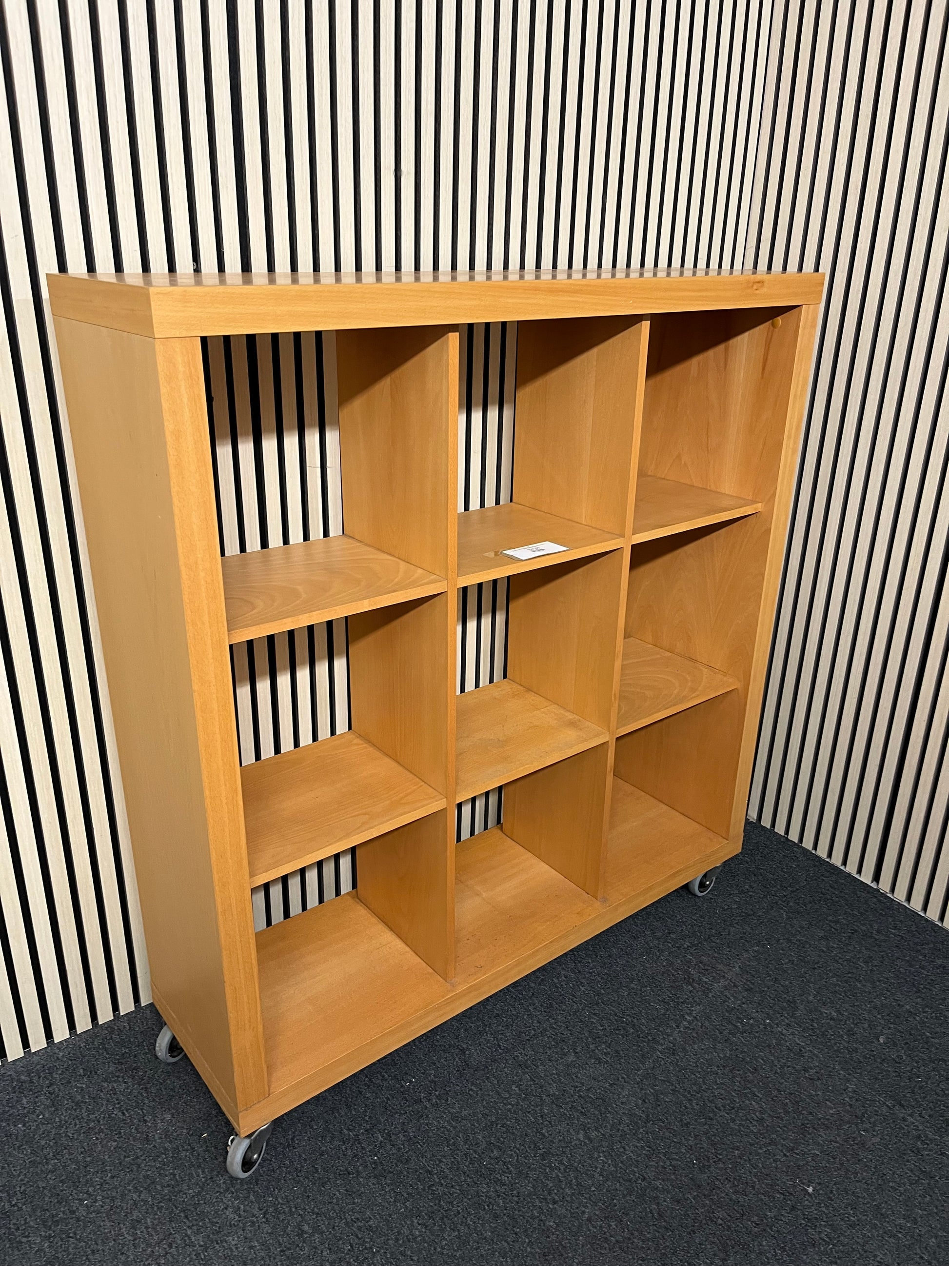 Beech veneer 9 section storage unit on castors (H 135 x W 125 x D 36 cm) 3325