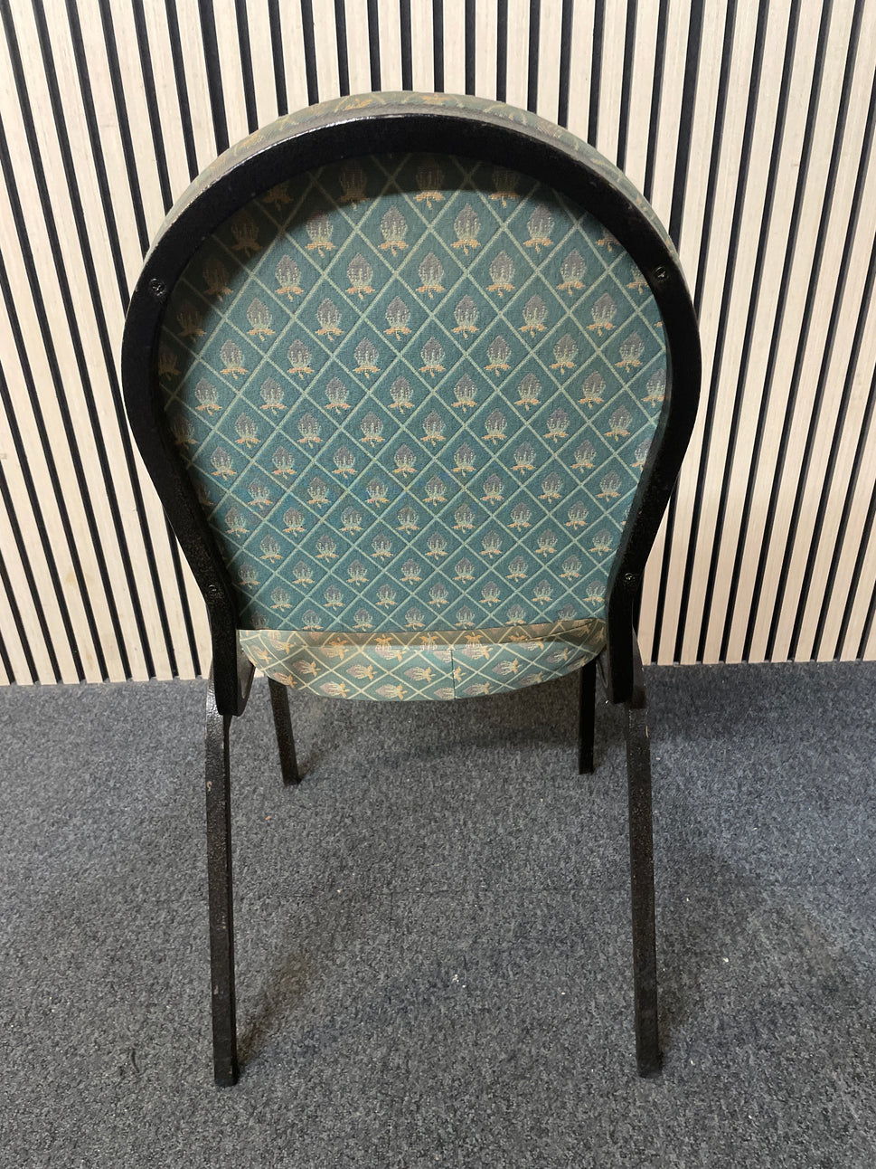  black metal framed green fabric seat and back stacking banquet chair 2425